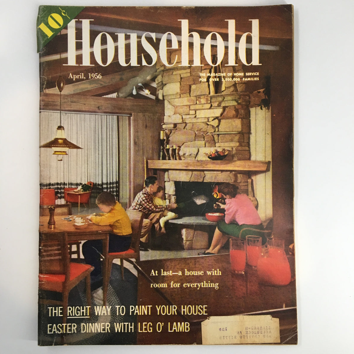 Cover of the VTG Household Magazine from April 1956 featuring the title "The Right Way To Paint Your House", an image depicting a family room with a stone fireplace and furniture set, encapsulating mid-20th century home décor.