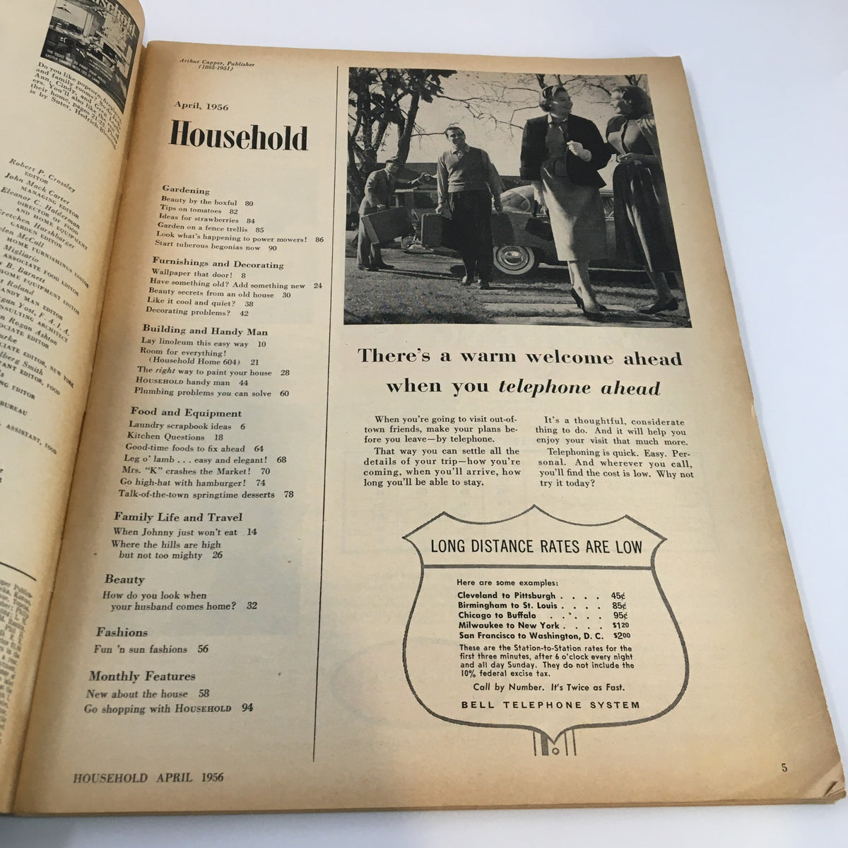 Interior page of the VTG Household Magazine from April 1956 with a table of contents including topics on gardening and home improvement, in line with the theme "The Right Way To Paint Your House".