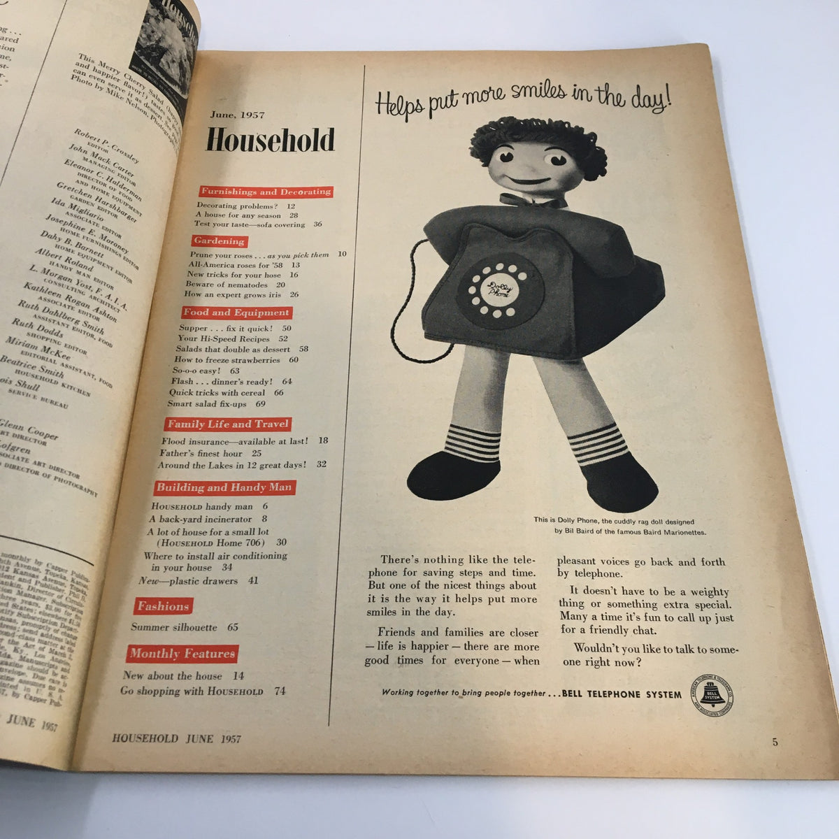 Interior page of VTG Household Magazine June 1957 featuring a playful Dolly Phone illustration with text discussing household tips and telephone benefits, showcasing vintage design and lifestyle.