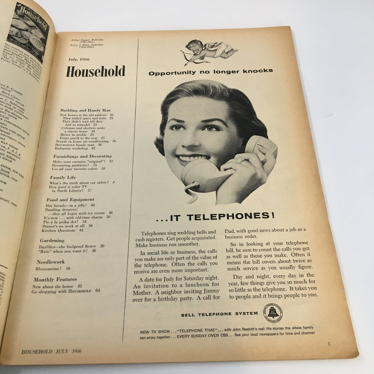Interior page of VTG Household Magazine July 1956 showcasing an advertisement with a woman on the phone, promoting the Bell Telephone System and the message 'Opportunity no longer knocks.'