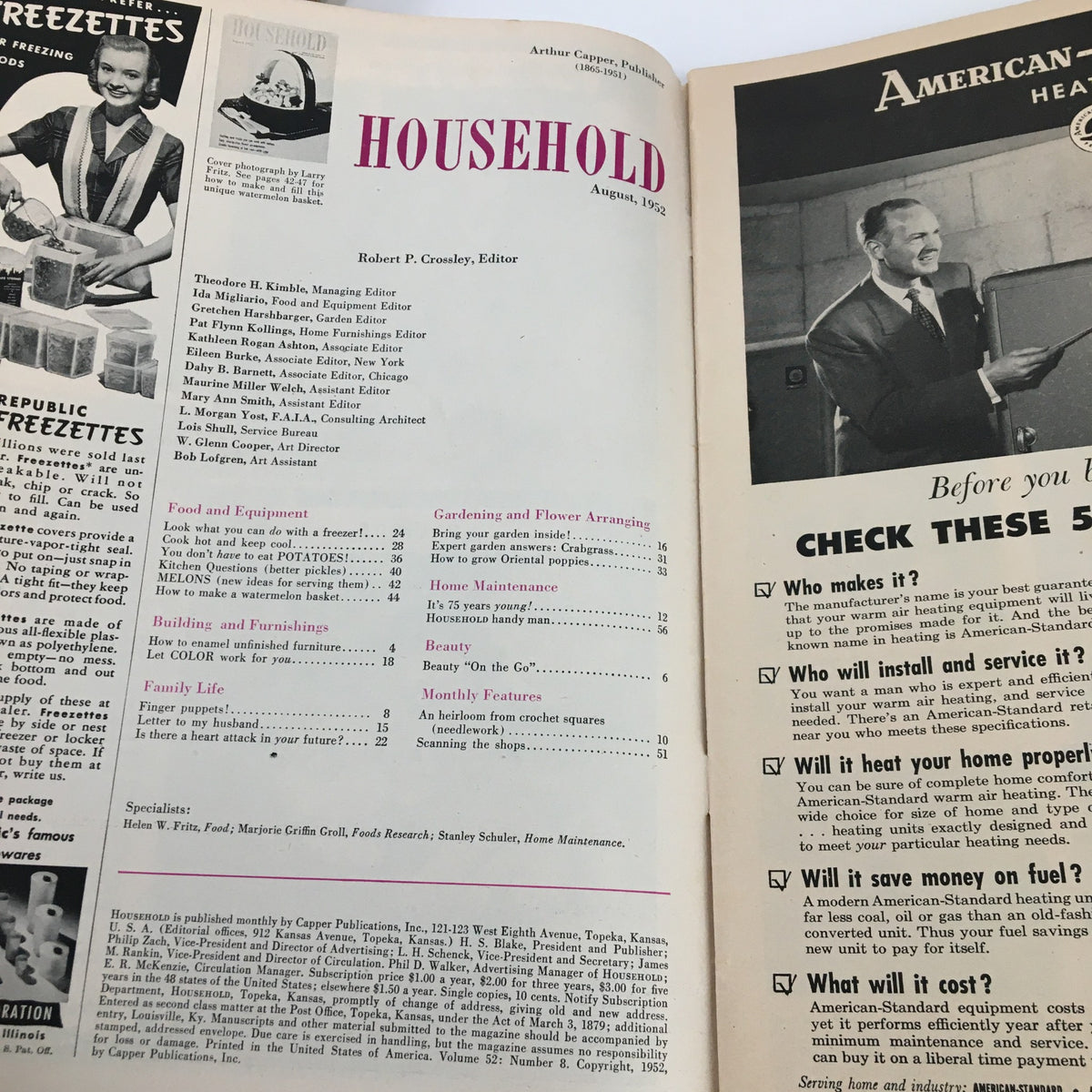 Interior page of VTG Household Magazine from August 1952 showcasing articles on food, gardening, home maintenance, and more. The magazine features a nostalgic layout reflecting mid-century design, emphasizing the era's domestic lifestyle and creative projects.