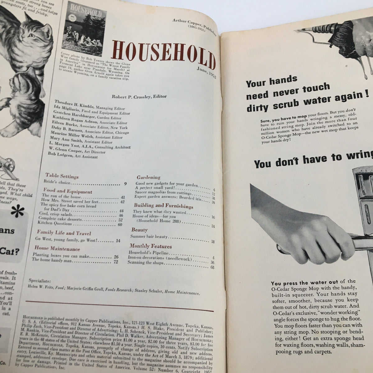 Interior page of VTG Household Magazine from June 1952 featuring the table of contents, showcasing various household topics and articles including gardening, beauty, and family travel.