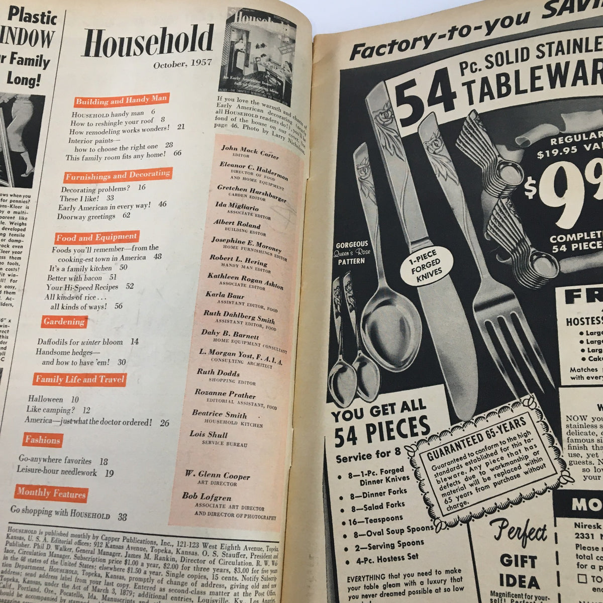 Interior page of VTG Household Magazine from October 1957 displaying the table of contents, focusing on sections like food, gardening, and home decor.