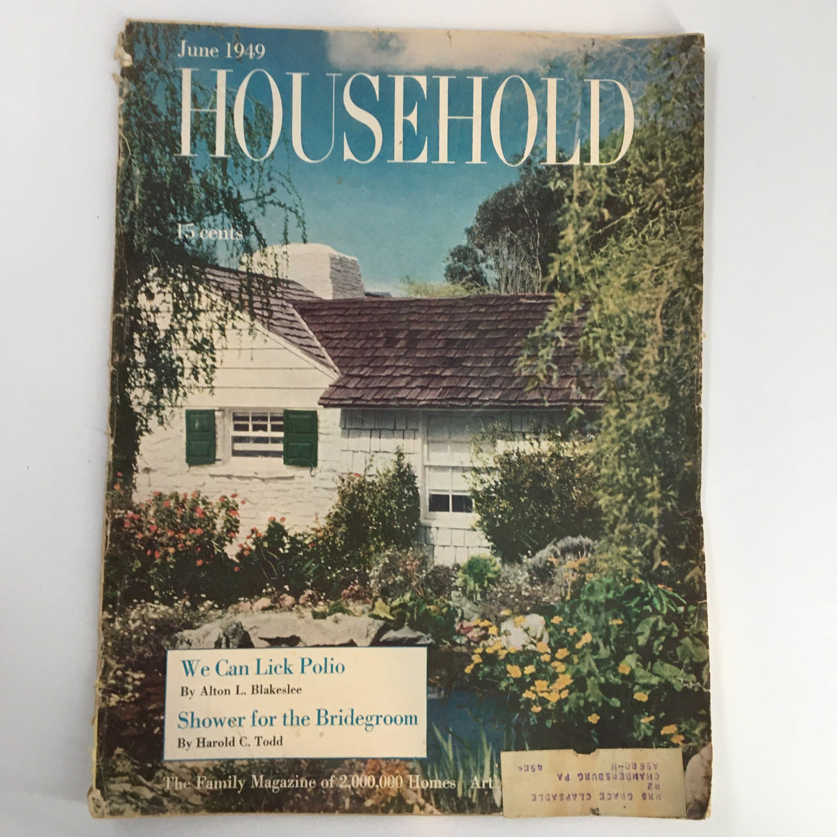 Cover of the VTG Household Magazine from June 1949 titled 'Brighten the Corner Where You Play', featuring a vintage home surrounded by green foliage and colorful flowers, emphasizing mid-century domestic life.
