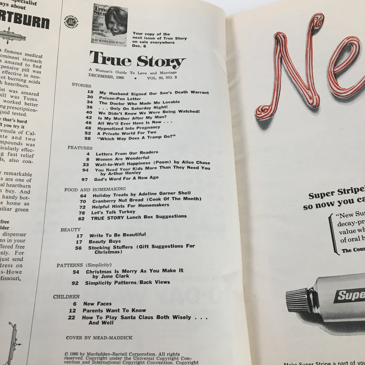 Interior page of VTG True Story Magazine December 1966 displaying the table of contents, highlighting the featured story 'My Husband Signed Our Son's Death Warrant' and various other articles within the magazine.
