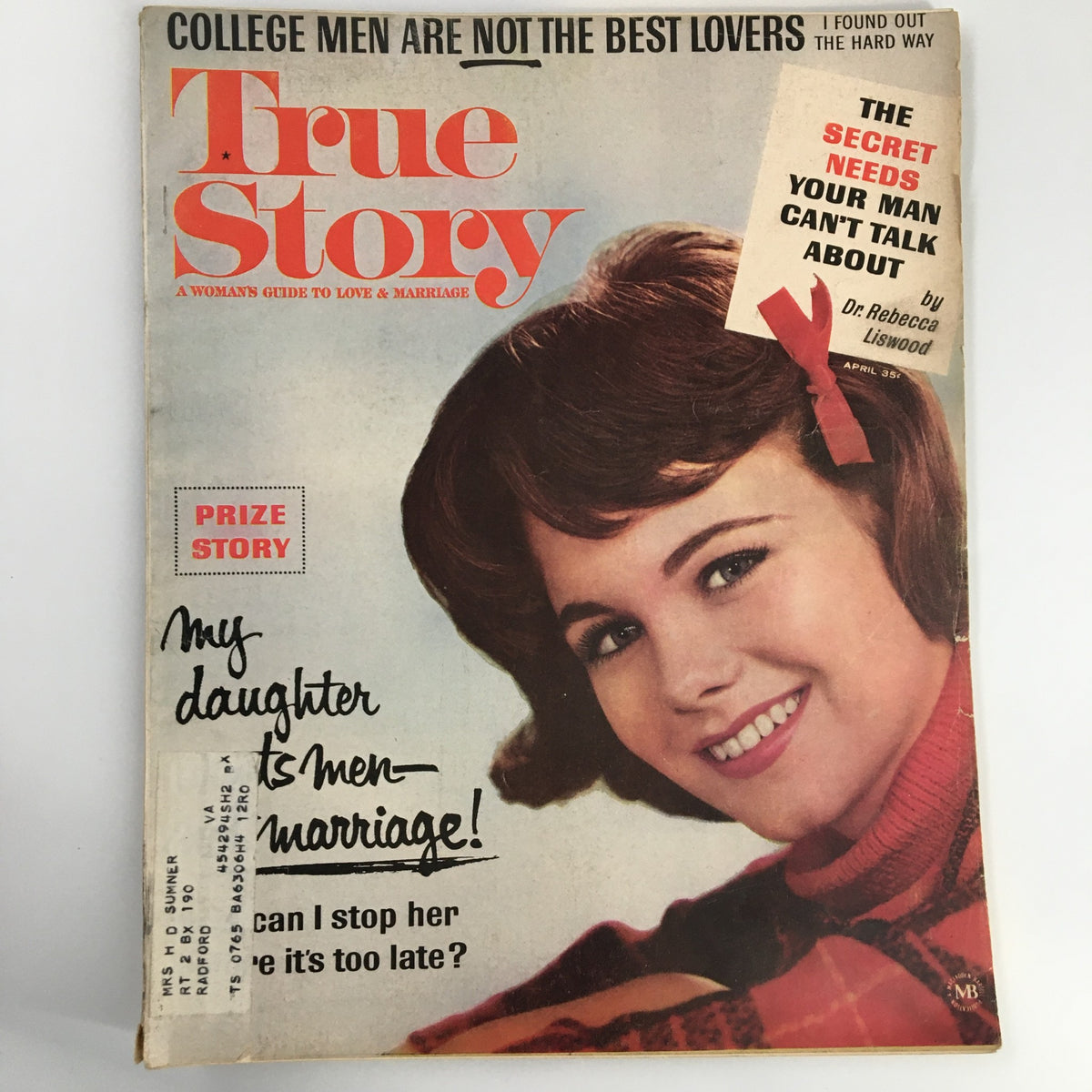 Cover of VTG True Story Magazine April 1965 titled 'The Secret Needs Your Man Can't Talk About', featuring a smiling young woman with stylish hair and bold headlines on relationships.