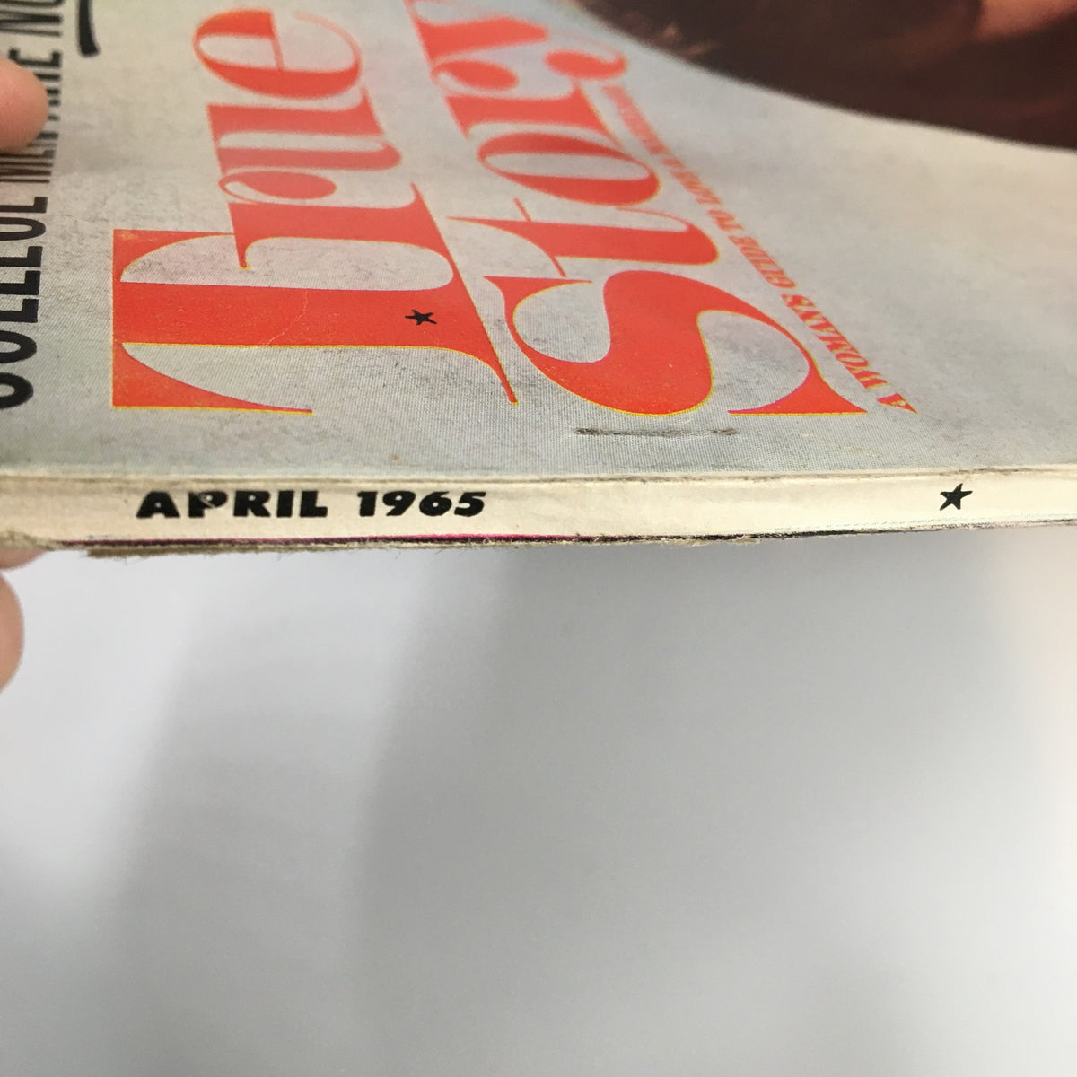 Close-up view of the spine of VTG True Story Magazine April 1965, showcasing the month and year on the cover. The title reads 'True Story' and includes the subtitle 'The Secret Needs Your Man Can't Talk About.'