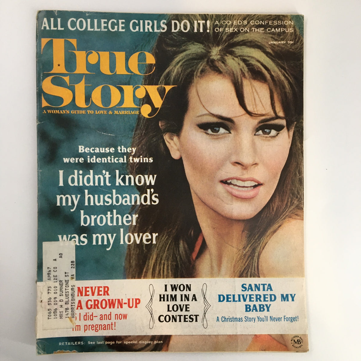 Cover of the January 1967 edition of True Story Magazine featuring the headline 'I Didn't Know My Husband's Brother Was My Lover', showcasing a woman with long hair and a captivating expression.