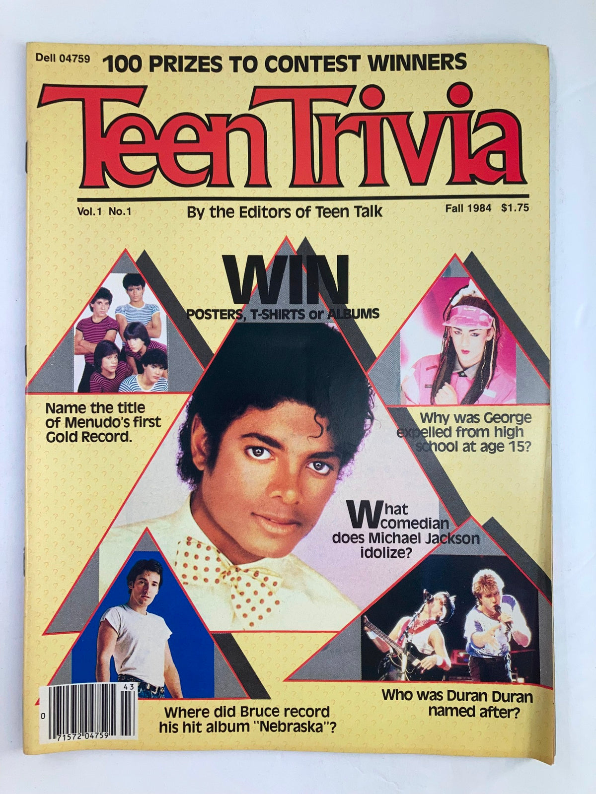 VTG Teen Trivia Magazine Fall 1984, Volume 1 Issue 1 featuring Michael Jackson on the cover, with vibrant graphics and trivia questions about popular 80s icons.