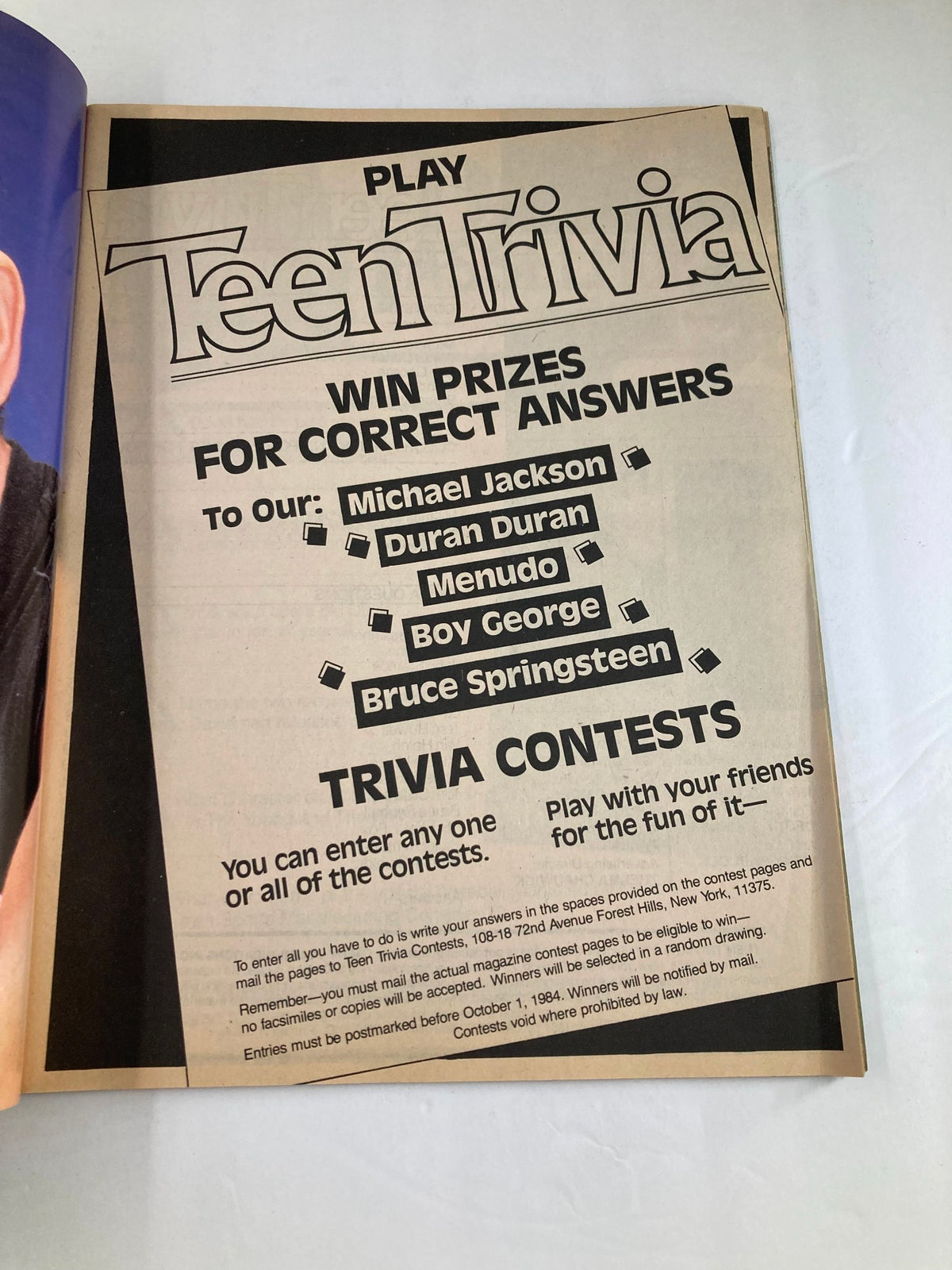 Inside page of the VTG Teen Trivia Magazine Fall 1984, showcasing trivia contest details and featuring Michael Jackson along with other pop culture artists like Duran Duran and Bruce Springsteen.