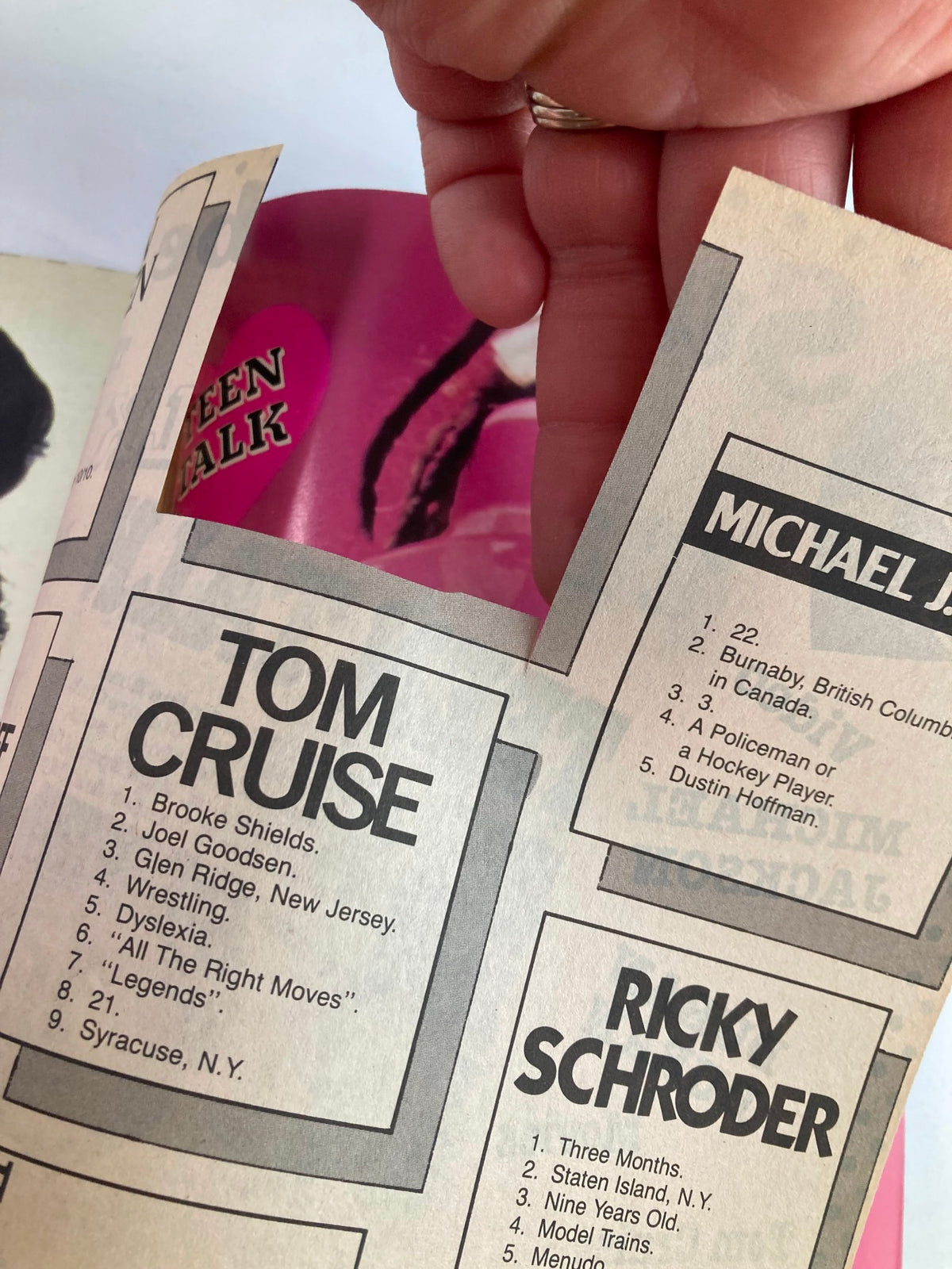 Page from the VTG Teen Trivia Magazine Fall 1984, displaying trivia about celebrities including Tom Cruise and Ricky Schroder, highlighting popular culture from the 1980s.