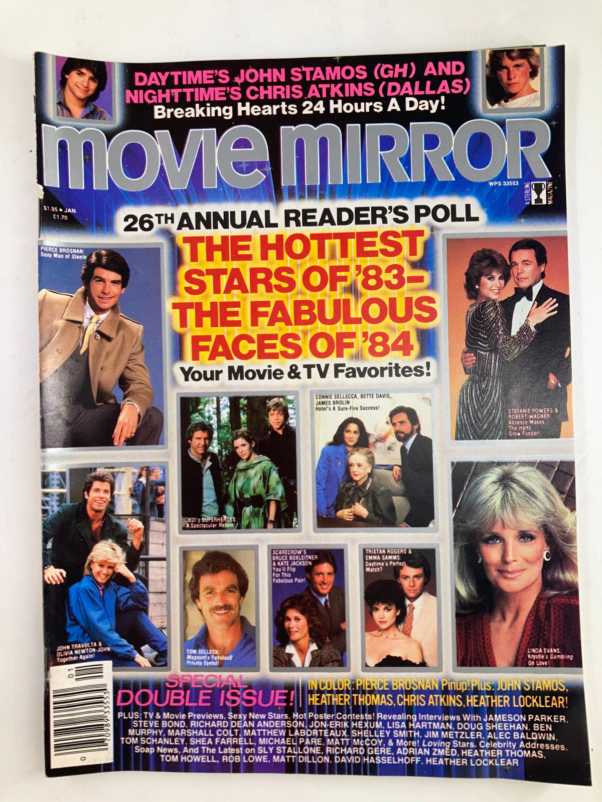 Cover of VTG Movie Mirror Magazine January 1984 Vol 28 #3 featuring Pierce Brosnan, highlighting the hottest stars of '83 and fabulous faces of '84.