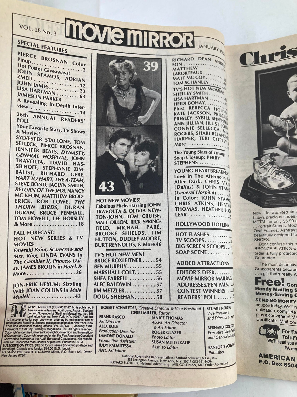 Inside page of VTG Movie Mirror Magazine January 1984 Vol 28 #3 showcasing the table of contents and special features including Pierce Brosnan.