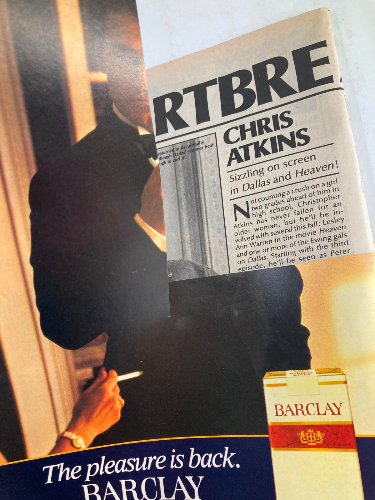 Page from VTG Movie Mirror Magazine January 1984 Vol 28 #3 with an article about Chris Atkins and an advertisement for Barclay cigarettes.