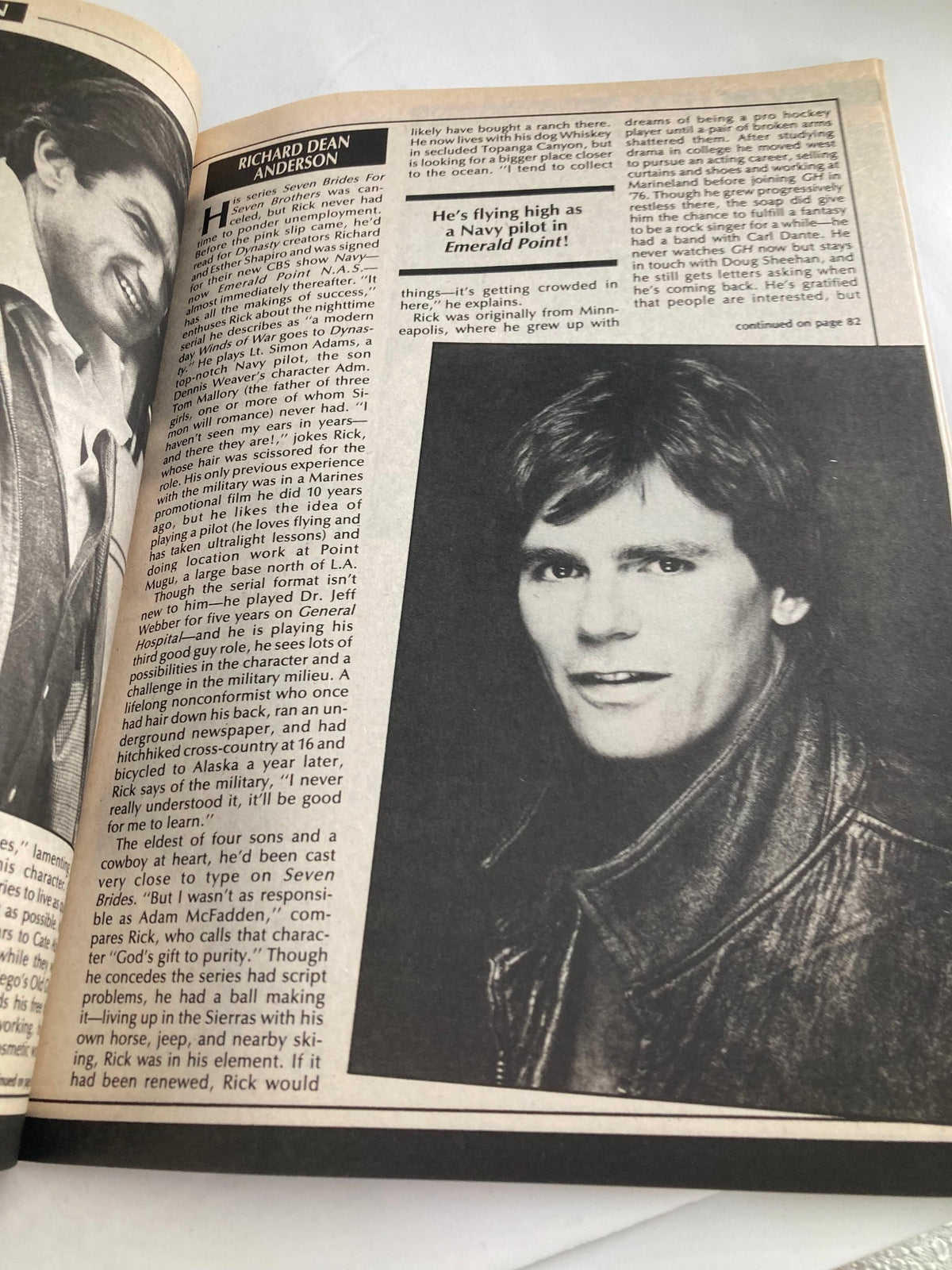 January 1984 Movie Mirror Magazine featuring Pierce Brosnan, featuring an article about actor Richard Dean Anderson, with a photo of him in a leather jacket discussing his career and role in Emerald Point.
