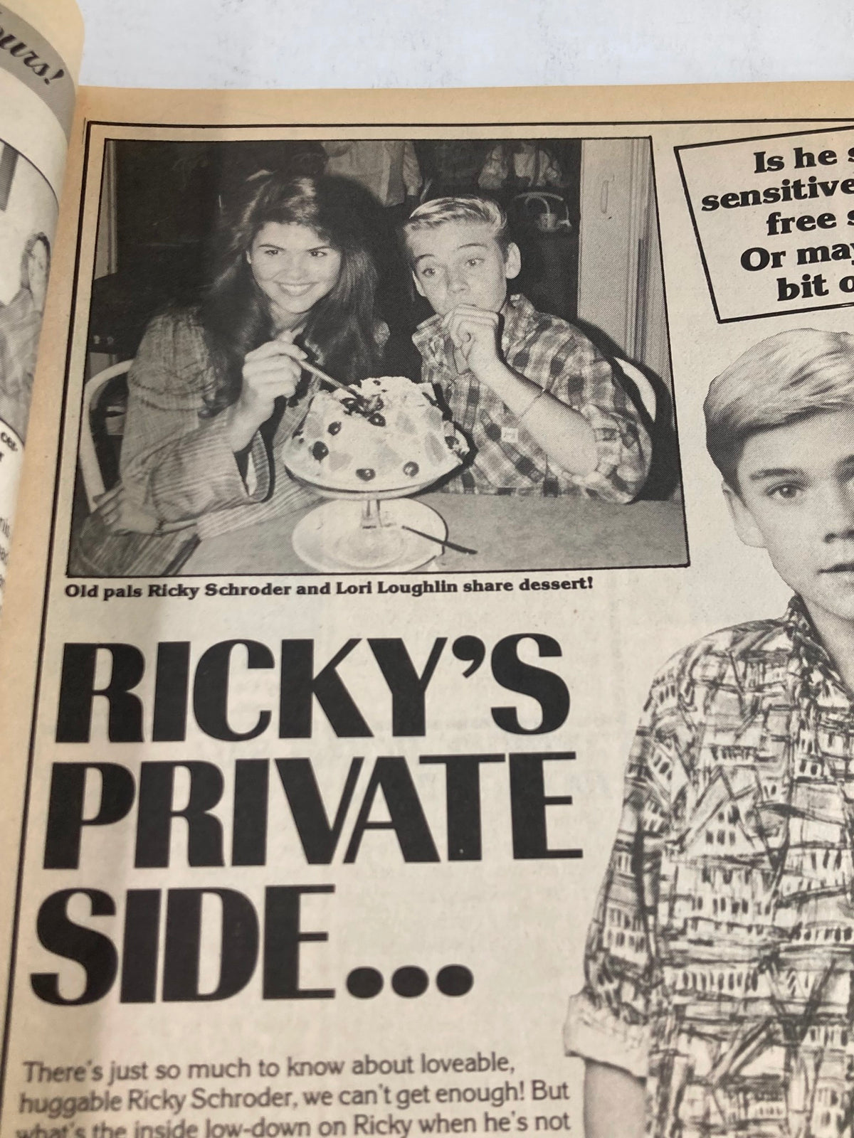 Image from VTG Teen Machine Magazine July 1985 featuring Ricky Schroder and Lori Loughlin sharing dessert, showcasing 80s pop culture.
