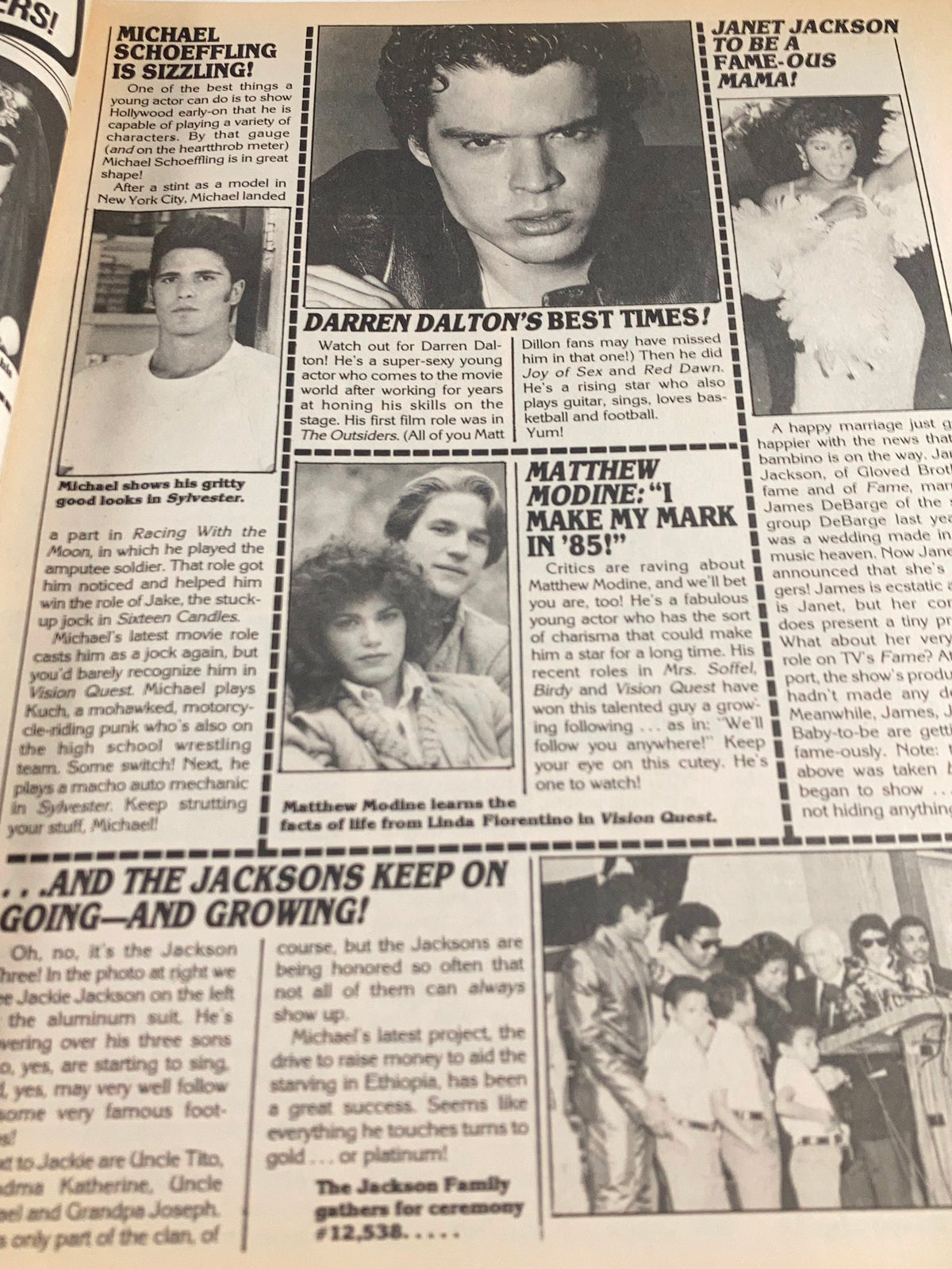 Page from VTG Teen Machine Magazine July 1985 highlighting actors Michael Schoeffling, Darren Dalton, and Matthew Modine, reflecting the entertainment scene of the 80s.