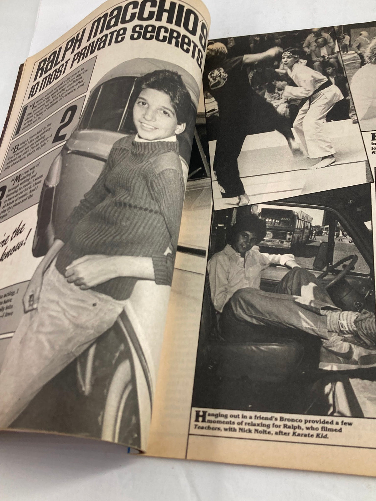 Photo of Ralph Macchio in the VTG Teen Machine Magazine December 1985 Vol 6 #4, illustrating his celebrity status during the 1980s with a smile and relaxed pose.