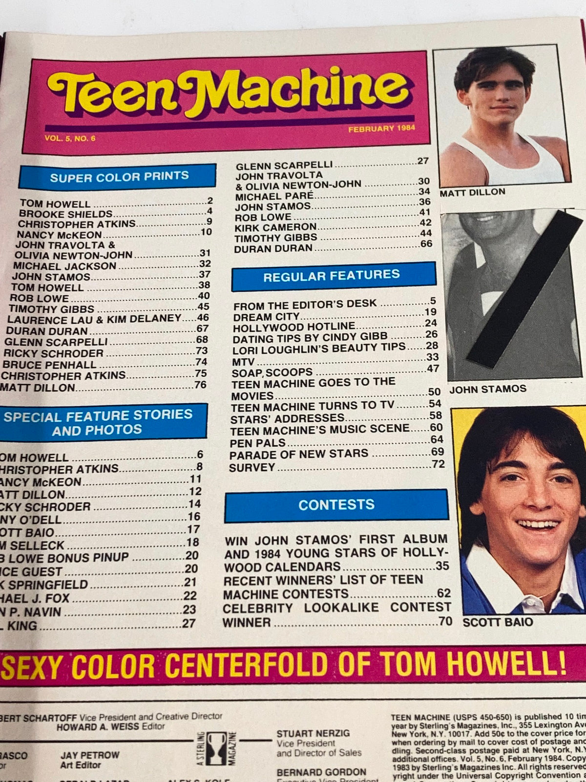 Table of contents for Teen Machine magazine, Volume 5 No. 6, February 1984, featuring articles on celebrities like Matt Dillon and John Stamos.