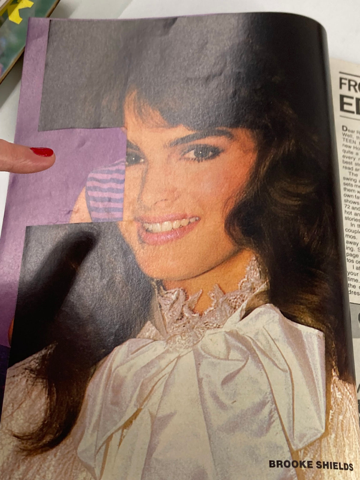 Inside page of Teen Machine magazine featuring Brooke Shields, showcasing vintage 1980s celebrity images, Volume 5 No. 6, February 1984.