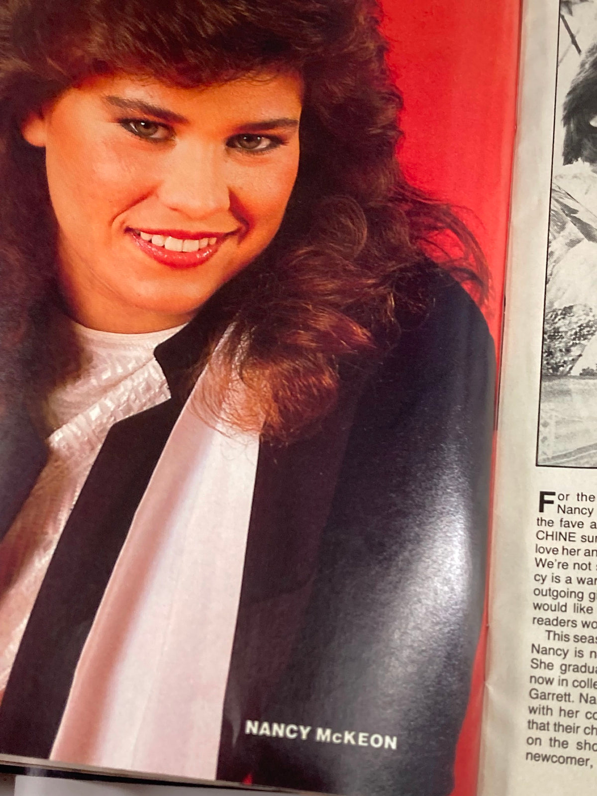 Nancy McKeon highlighted in the February 1984 Photo Screen Magazine, smiling and dressed in classic 80s attire.