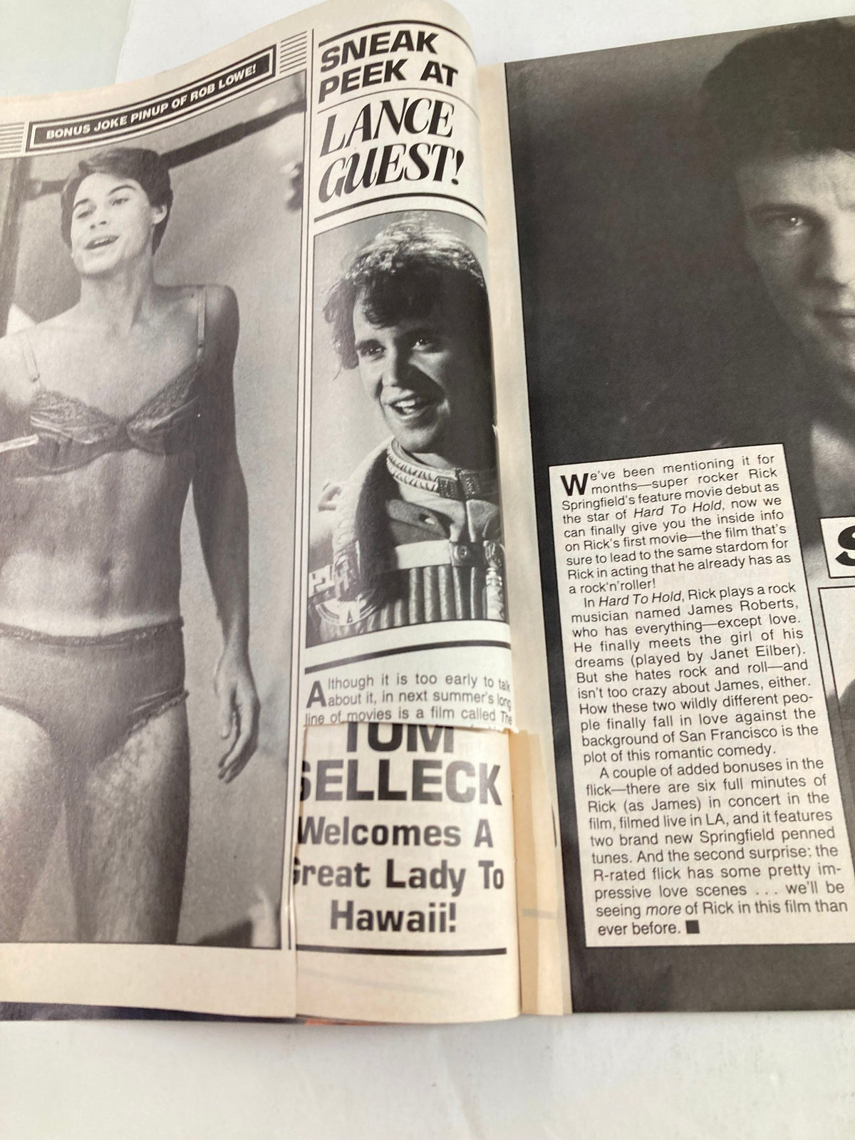 Close-up of a feature in the February 1984 Photo Screen Magazine previewing Tom Selleck and other Hollywood stars.