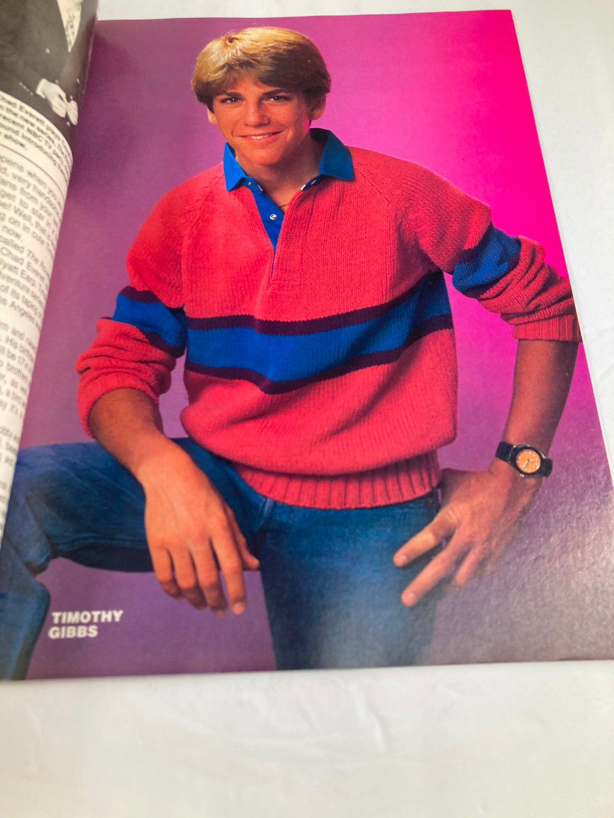 Vintage Photo Screen Magazine February 1984 featuring Matt Dillon, showcasing a colorful portrait of Timothy Gibbs in a pink and blue sweater.
