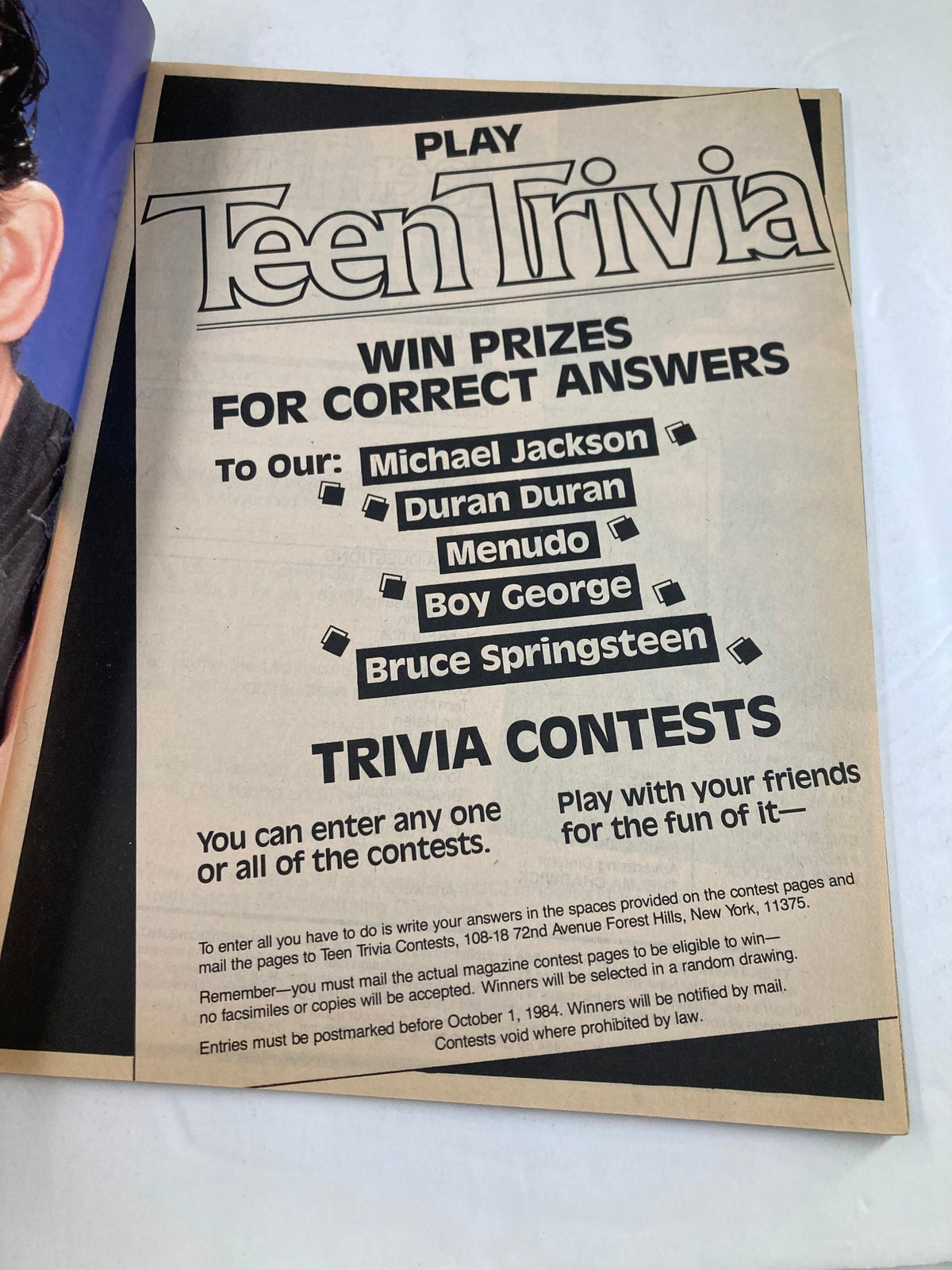 An interior page of the VTG Teen Trivia Magazine Fall 1984, promoting trivia contests related to Michael Jackson, Menudo, Duran Duran, and Boy George.
