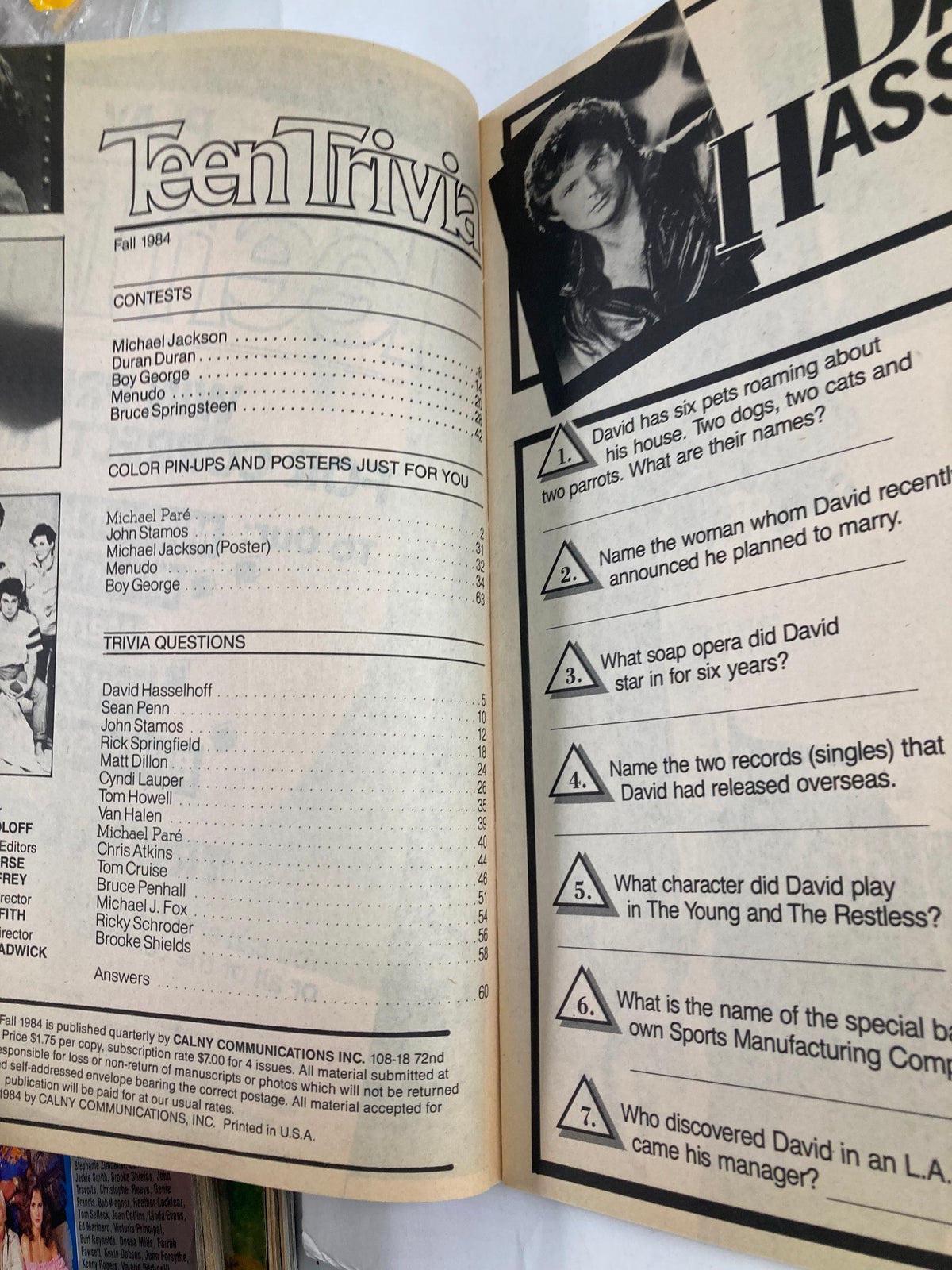 VTG Teen Trivia Magazine Fall 1984 page featuring trivia contests and color pin-ups of popular teen idols including Michael Jackson and Menudo.