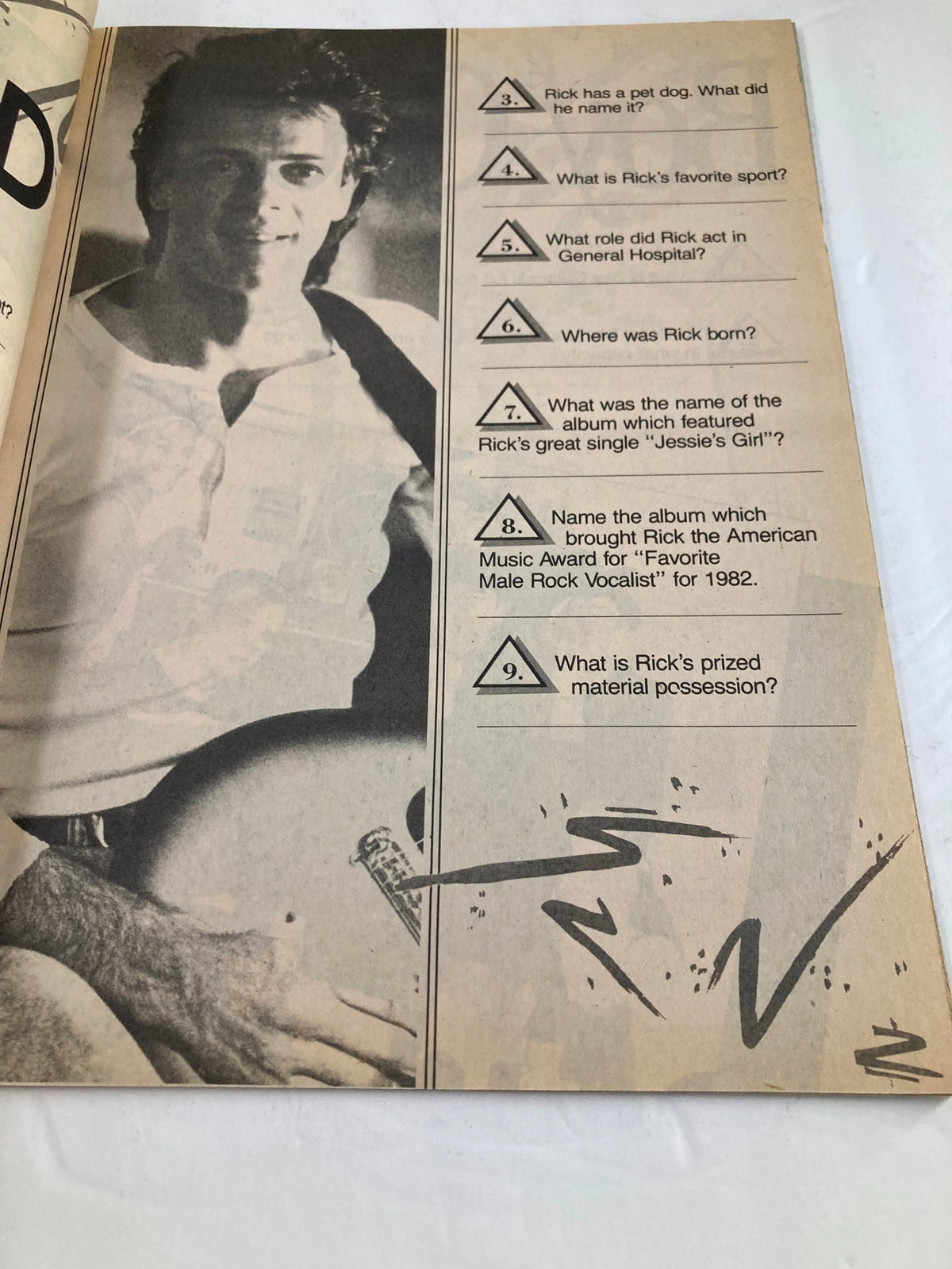 VTG Teen Trivia Magazine Fall 1984 page dedicated to Rick Springfield's trivia, including his personal life and musical achievements.