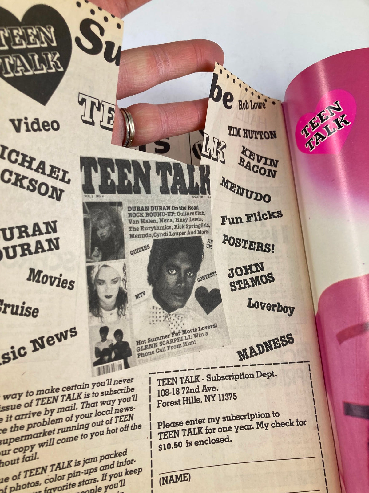 VTG Teen Trivia Magazine Fall 1984 showing the TEEN TALK subscription page with references to popular teen idols and magazine features.