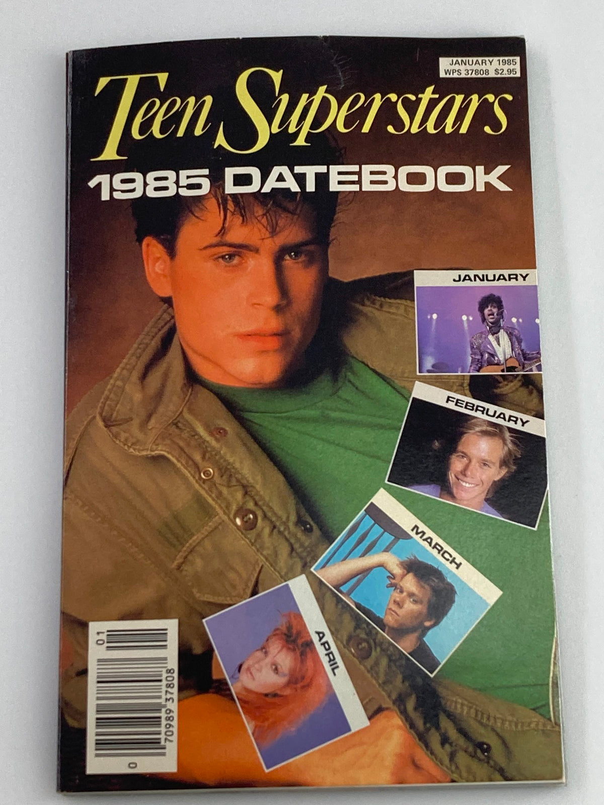 Cover image of the VTG Teen Superstars Datebook January 1985 featuring a male teen idol and images of celebrities like Adam Ant and Chris Atkins.