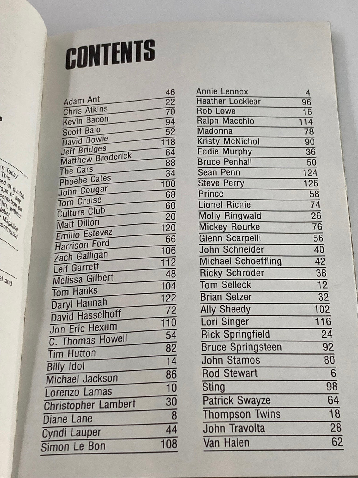 Contents page of the VTG Teen Superstars Datebook January 1985 listing notable personalities like Adam Ant and Chris Atkins with page numbers.