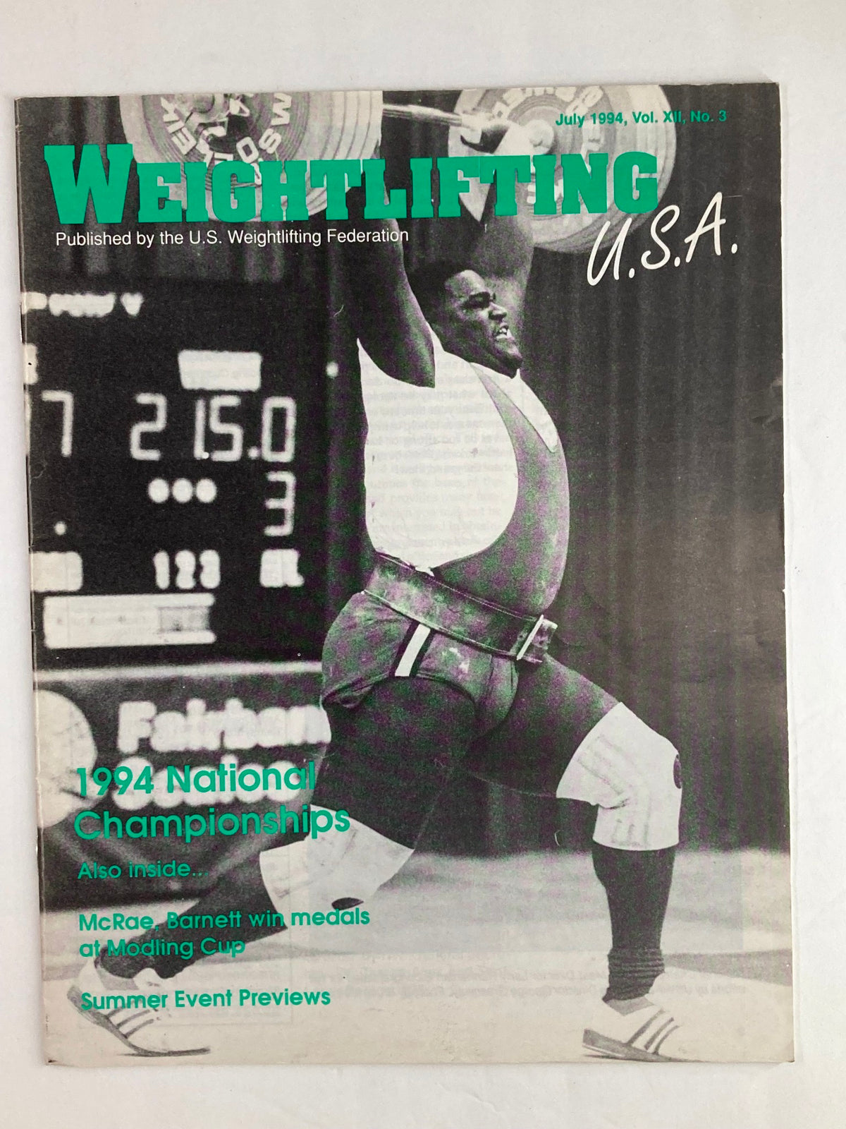 Cover of Weightlifting USA Magazine Vol 12 #3 July 1994 featuring a weightlifter in action at the 1994 National Championships, highlighting McRae and Barnett's medal wins.