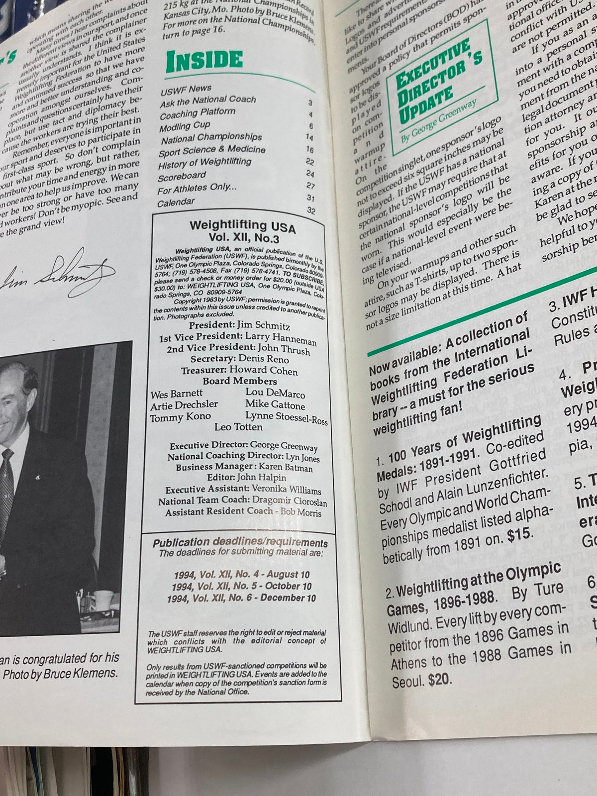 Inside page of Weightlifting USA Magazine Vol 12 #3 July 1994 showcasing the table of contents and important updates on US weightlifting events and leadership.