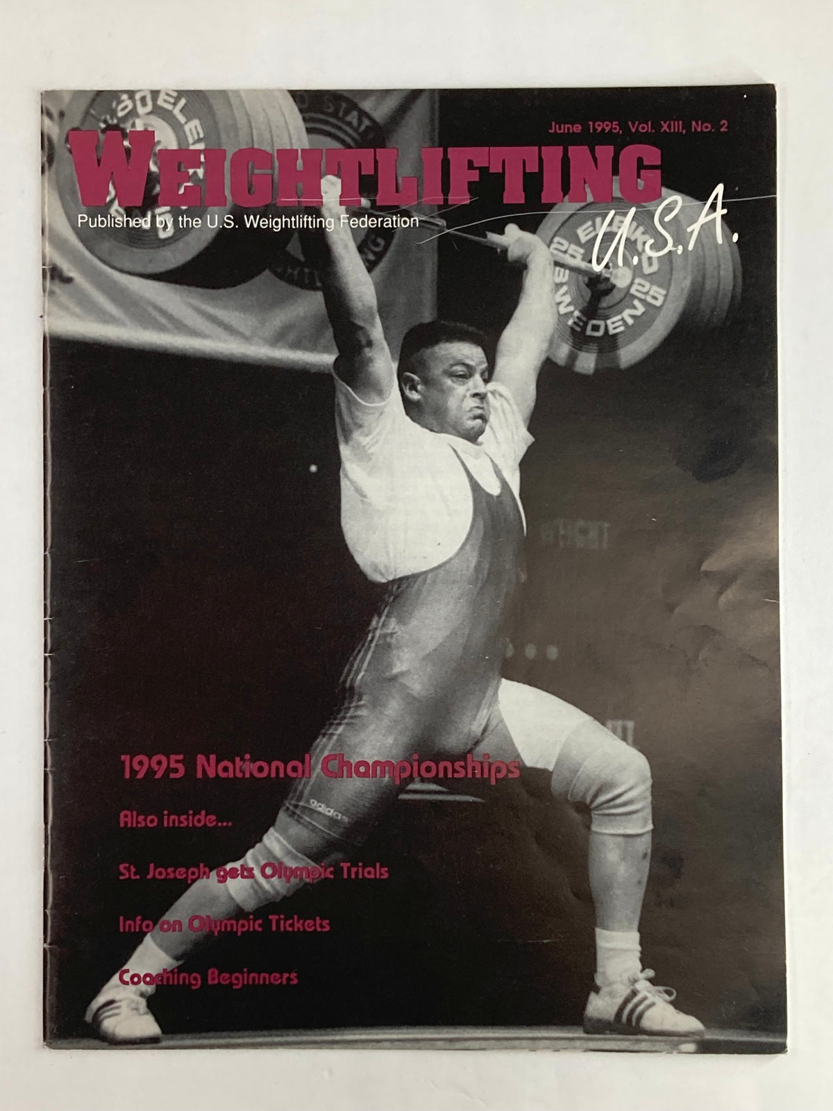 Cover of Weightlifting USA Magazine Vol 13 #2 June 1995 featuring an athlete performing a weightlifting lift, highlighting the Olympic Trials in St. Joseph.