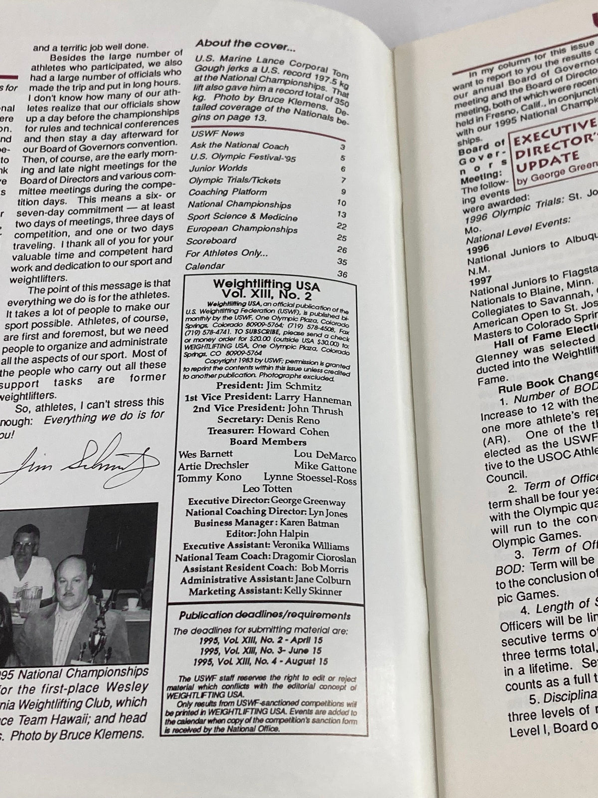 Inside page of Weightlifting USA Magazine Vol 13 #2 June 1995, detailing editorial content and organizational news for the U.S. Weightlifting Federation.
