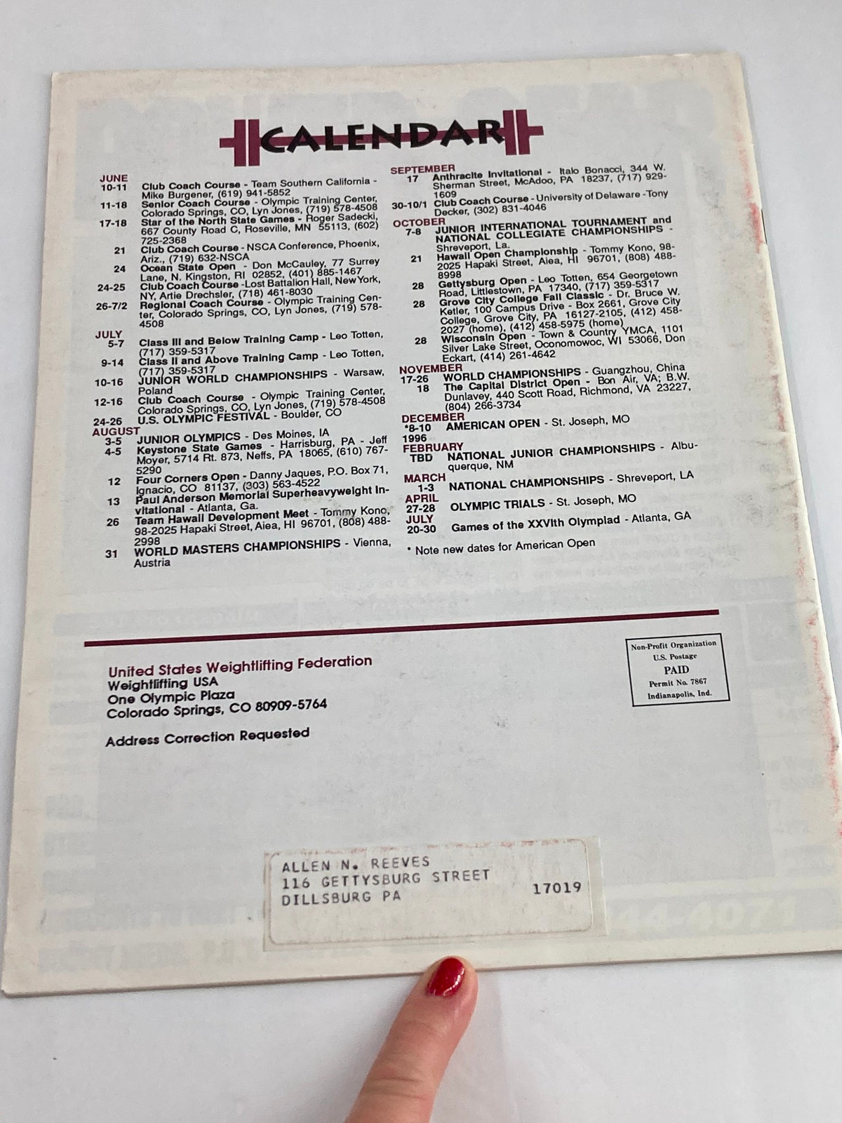 Back cover of Weightlifting USA Magazine Vol 13 #2 June 1995, featuring a calendar of events related to weightlifting, including details about upcoming competitions and the United States Weightlifting Federation contact information. This vintage magazine captures a significant moment in Olympic weightlifting history.