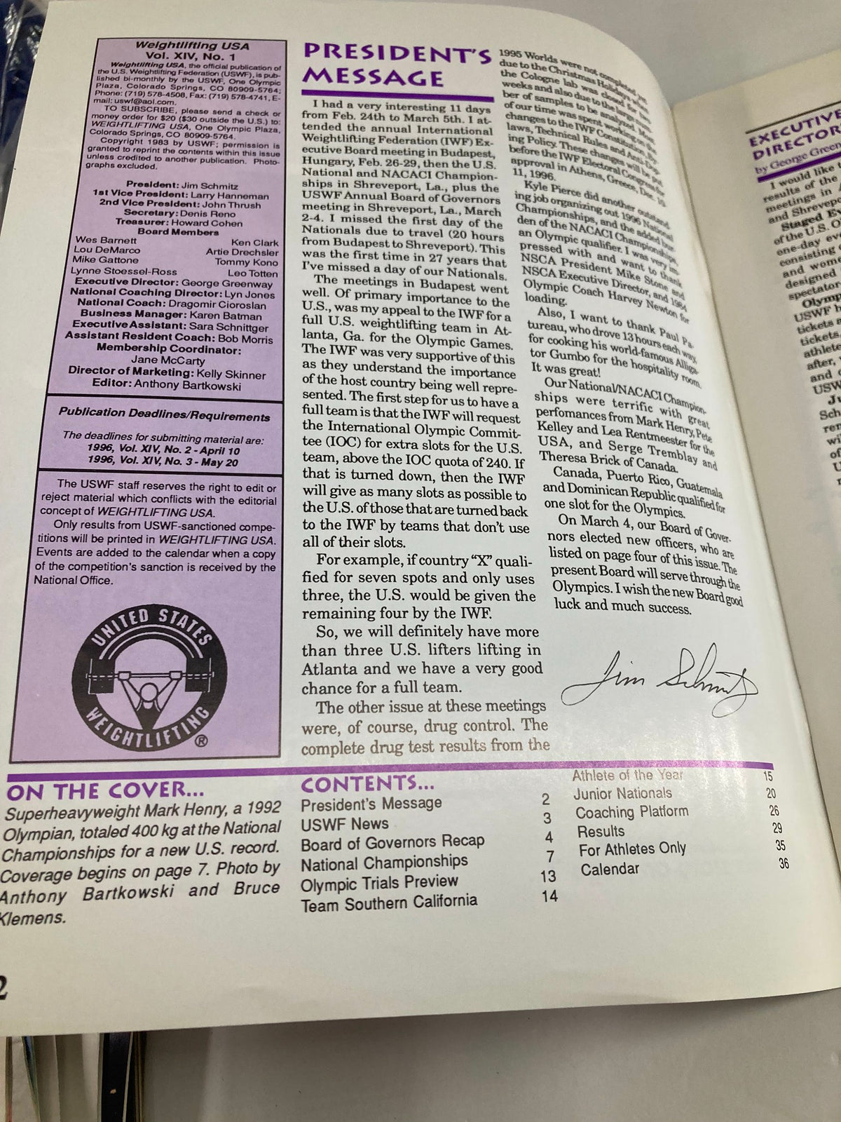 Inside page of Weightlifting USA Magazine Vol 14 #1 March 1996 detailing the President's message and contents of the issue.