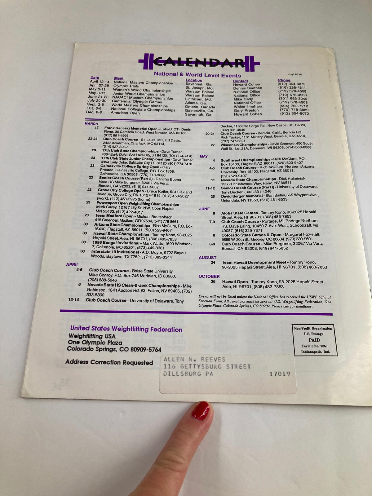 Back cover of Weightlifting USA Magazine Vol 14 #1 March 1996 displaying the calendar of national and world-level weightlifting events.