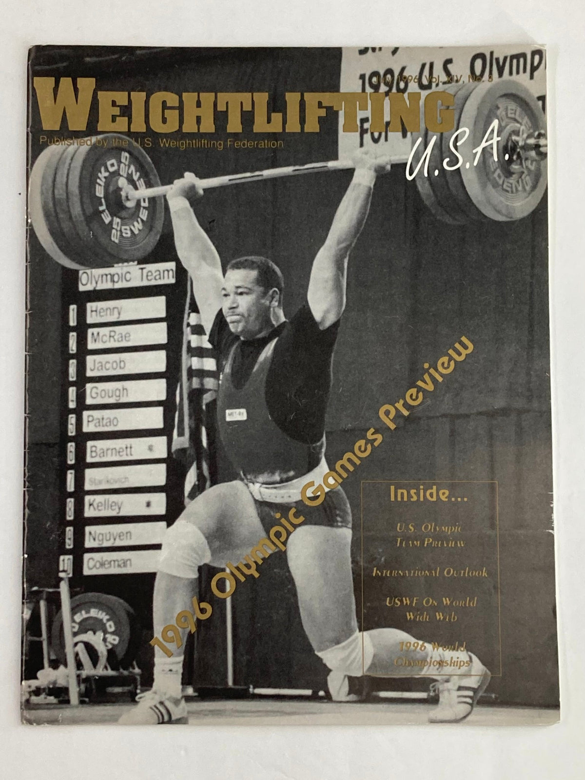 Cover of Weightlifting USA Magazine Vol 14 #3 July 1996, featuring an Olympic athlete lifting weights, with the headline '1996 Olympic Games Preview' and advertisement for U.S. Olympic Team.