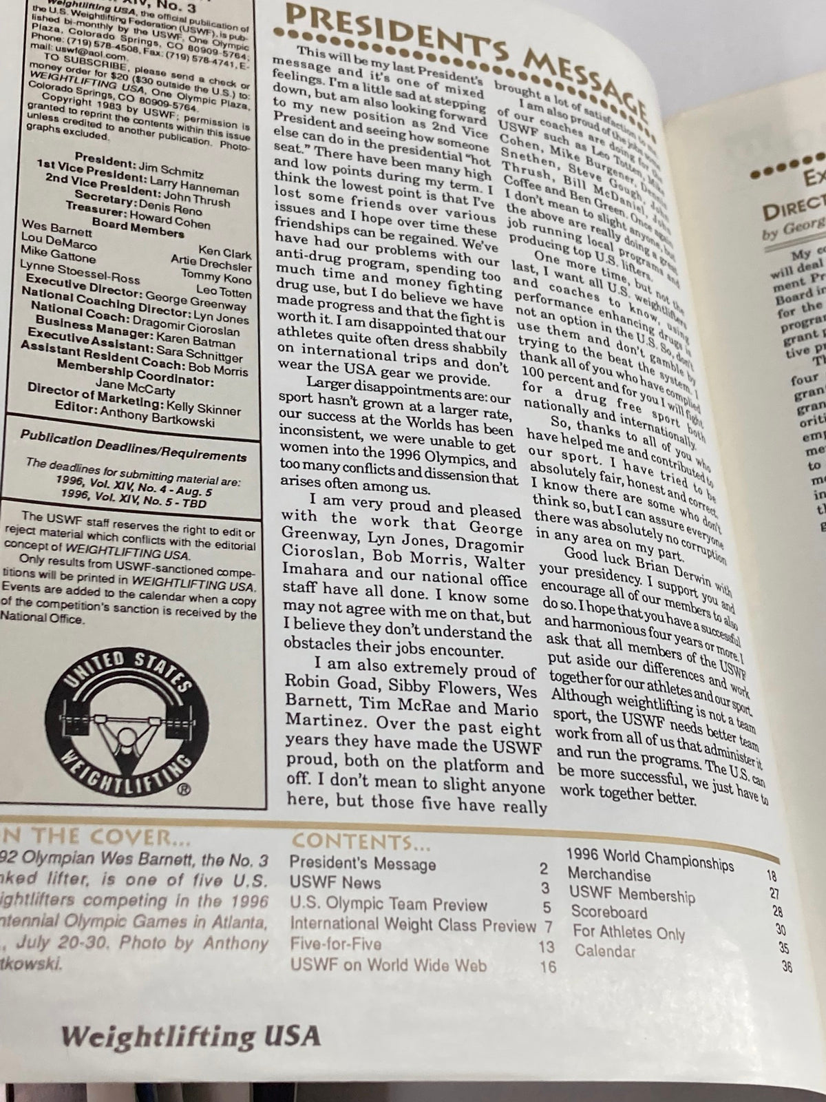 Inside page of Weightlifting USA Magazine Vol 14 #3 July 1996, showcasing the President's Message and contents related to the U.S. Olympic Team and international weightlifting events.
