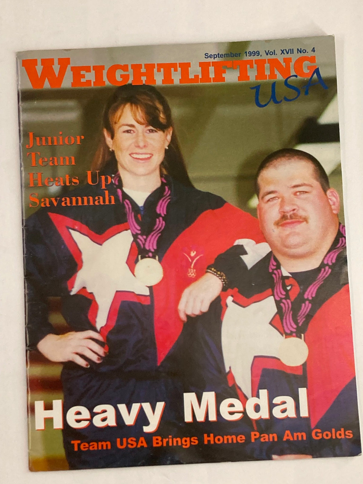 Weightlifting USA Magazine Vol 17 #4 September 1999 cover featuring Olympic medalists Tara Nott and Shane Hamman, showcasing their achievements in weightlifting.