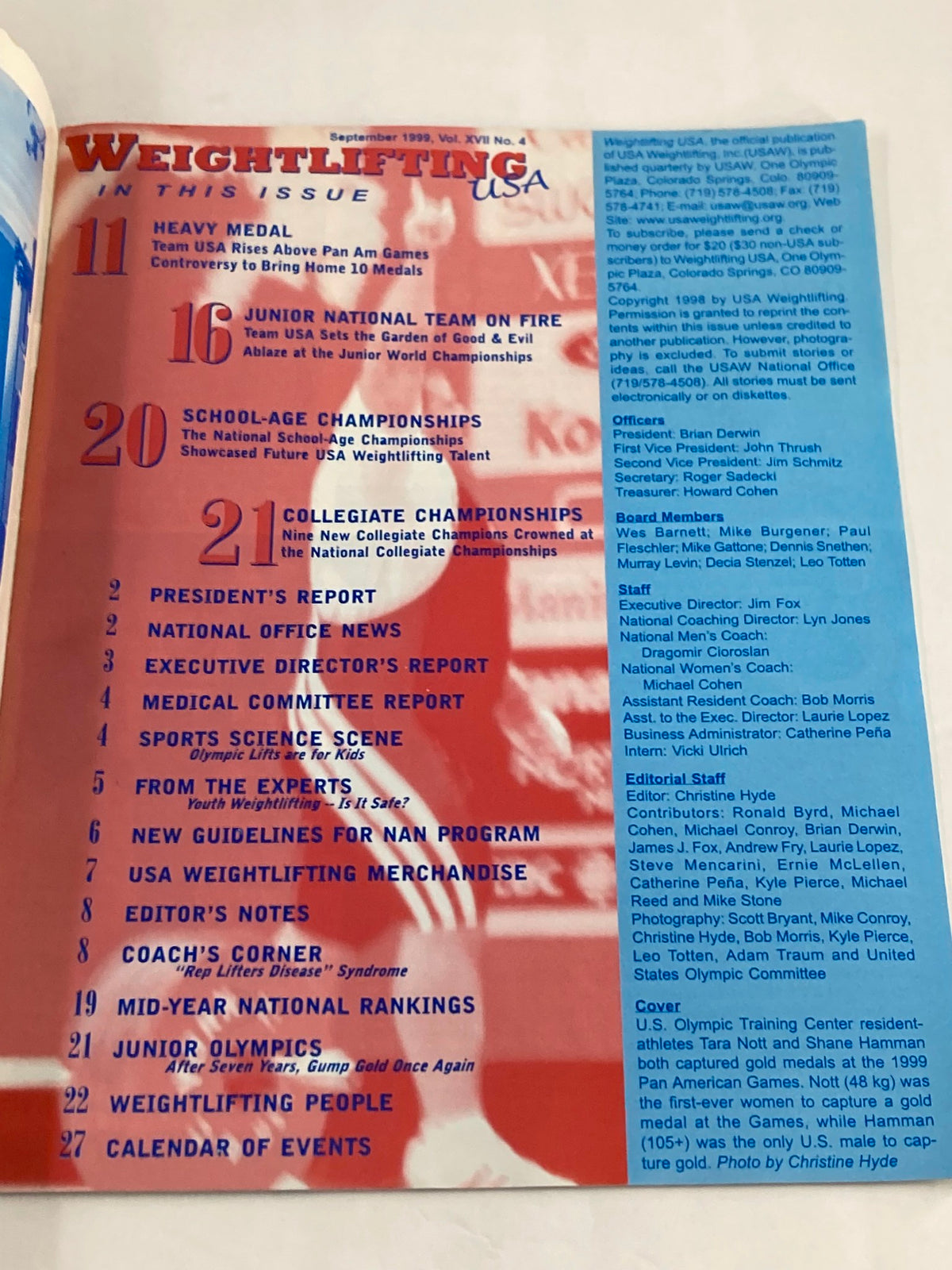 Weightlifting USA Magazine Vol 17 #4 September 1999 inside cover displaying the table of contents, highlighting key articles and features in this vintage weightlifting publication.