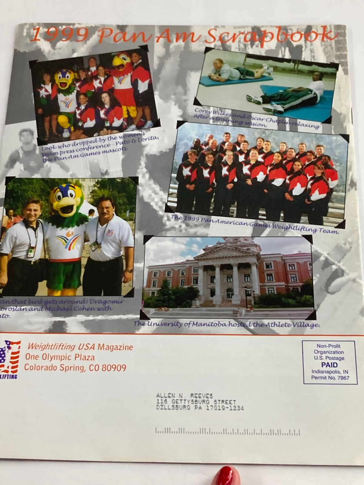 Weightlifting USA Magazine Vol 17 #4 September 1999 back cover featuring a scrapbook of the 1999 Pan American Games weightlifting team, celebrating their participation and achievements.
