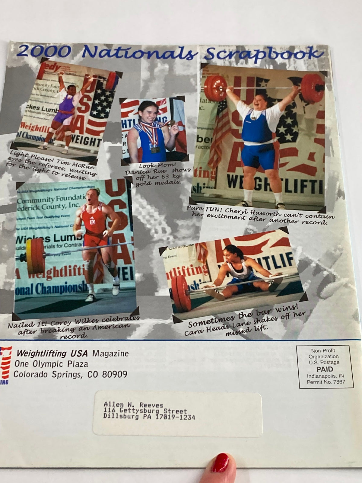 Weightlifting USA Magazine Vol 18 #2 Spring 2000 back cover showcasing a scrapbook from the 2000 Nationals, featuring photos of athletes in competition and celebrating their achievements.