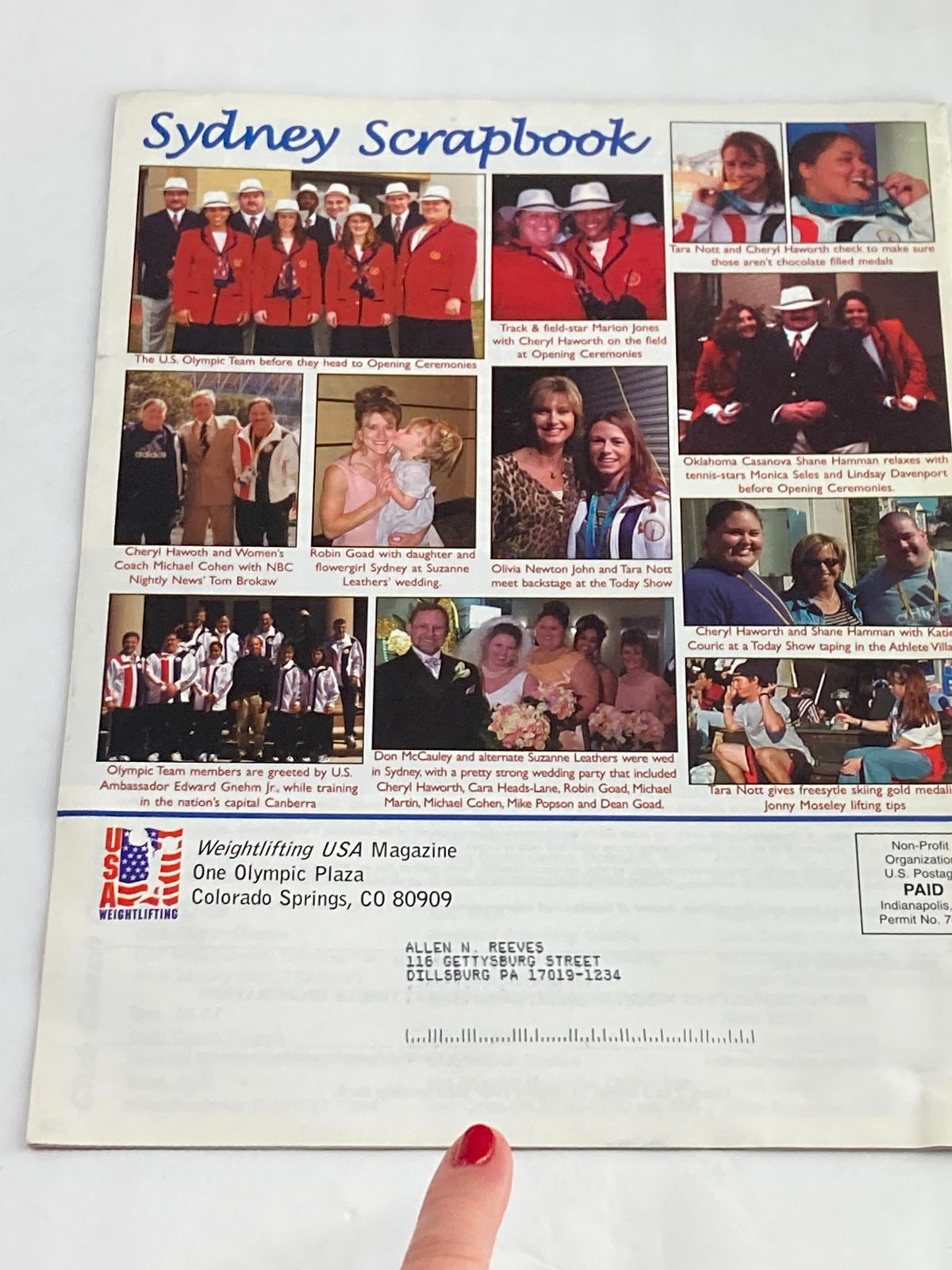 Weightlifting USA Magazine 1998 issue featuring a scrapbook page dedicated to the Sydney Olympic Games, showcasing the U.S. Olympic Team, notable athletes like Tara Nott, and memorable moments from the event.