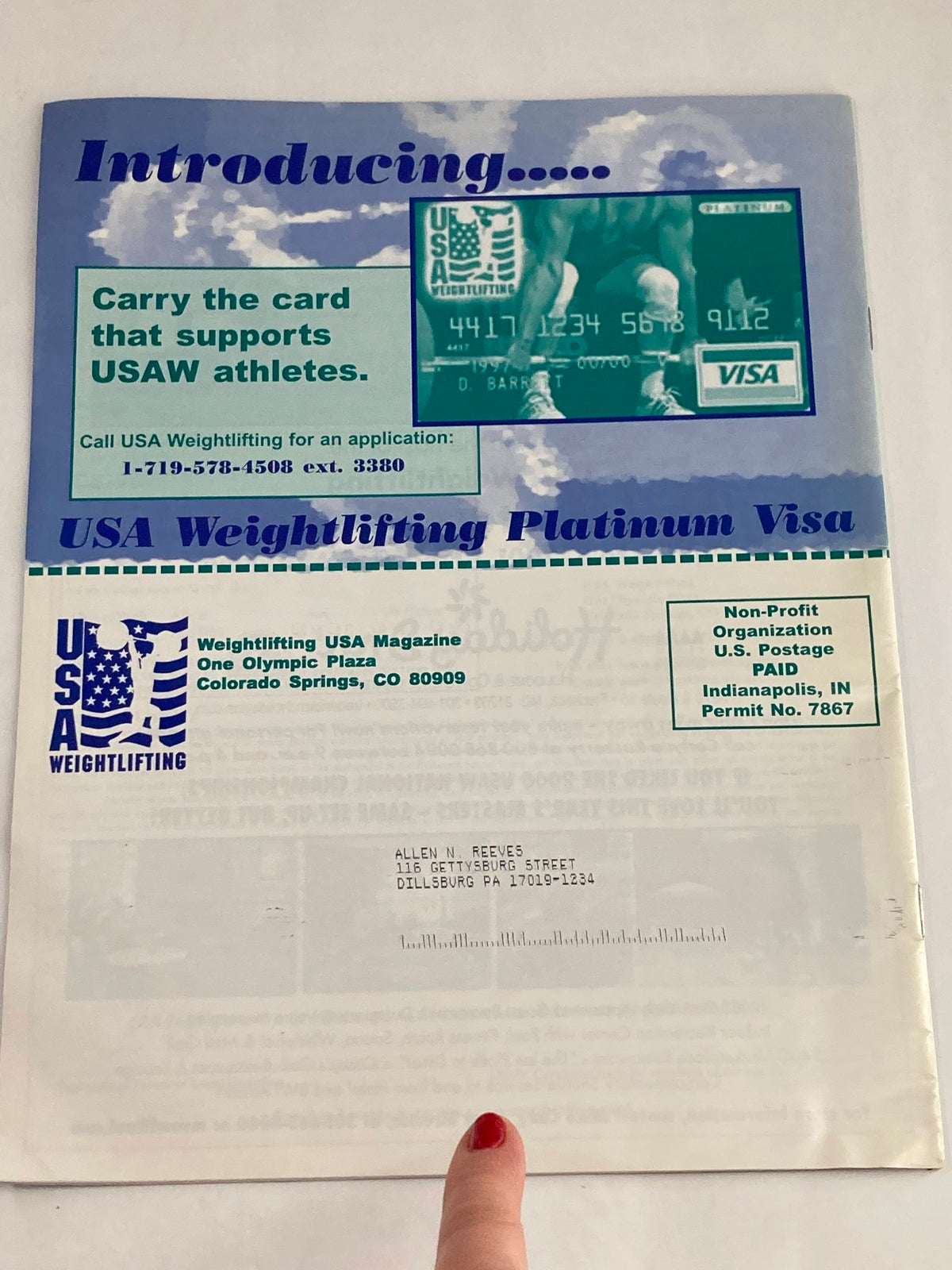 Back cover of Weightlifting USA Magazine Vol 19 #1 Winter 2000 showcasing a promotional card for USA Weightlifting Platinum Visa and the magazine's publication details.