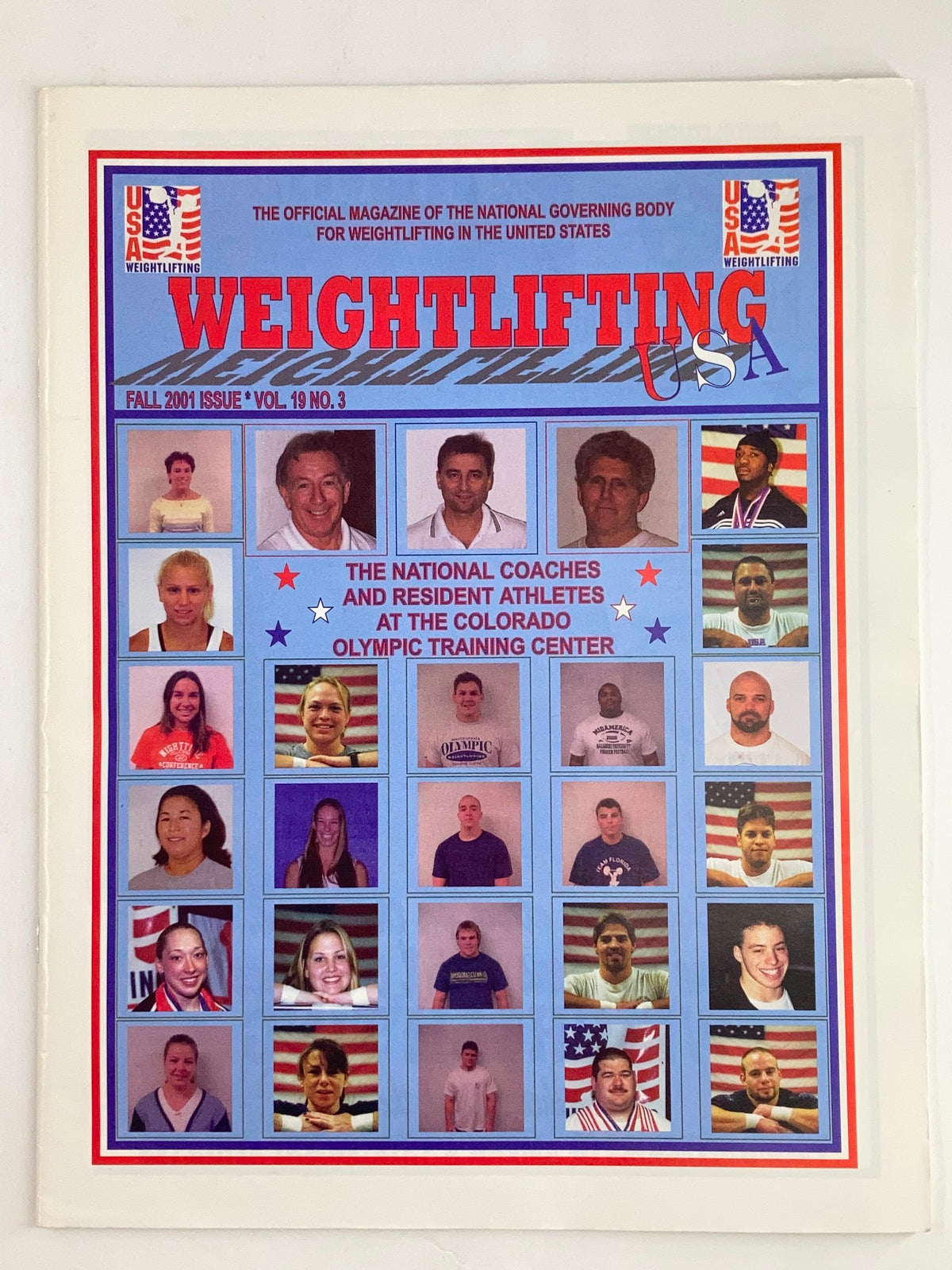 Weightlifting USA Magazine Vol 19 #3 Fall 2001 cover featuring national coaches and athletes from the Colorado Olympic Training Center.