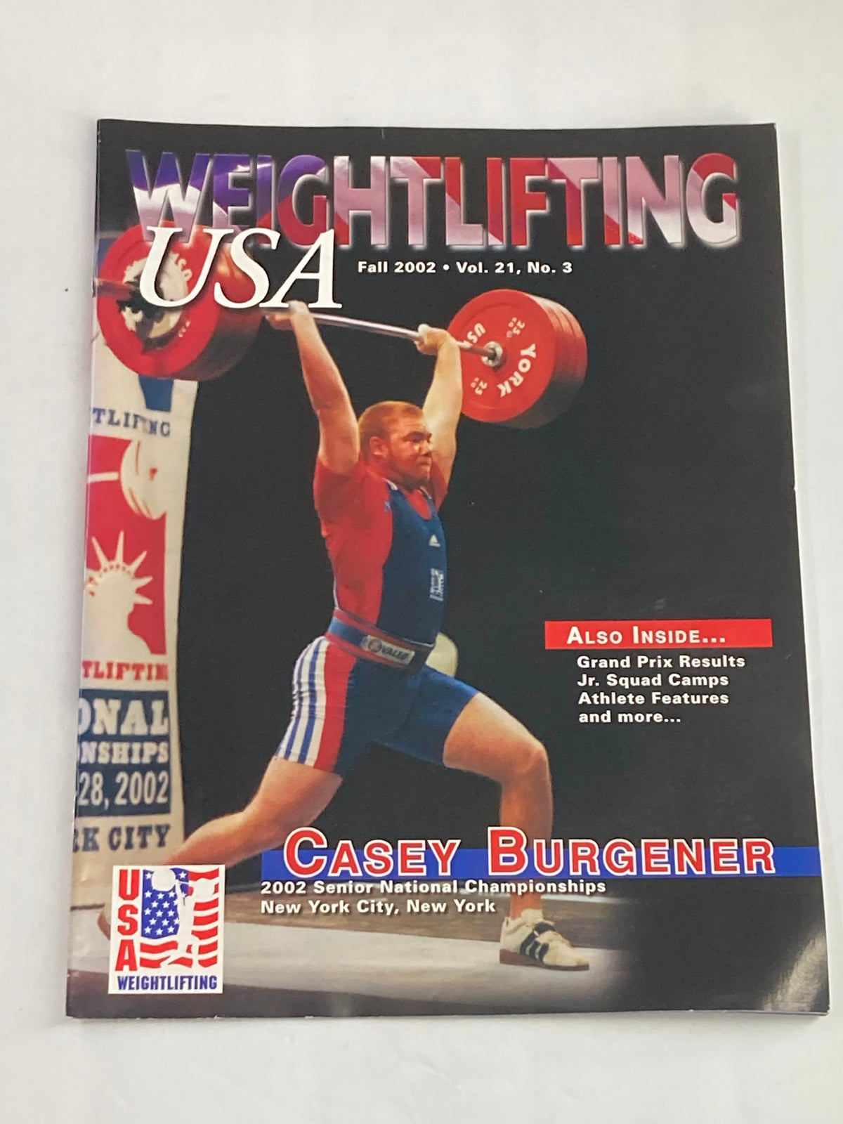 Weightlifting USA Magazine Vol 21 #3 Fall 2002 featuring Casey Burgener on the cover, showcasing Olympic weightlifting and athletic achievements.